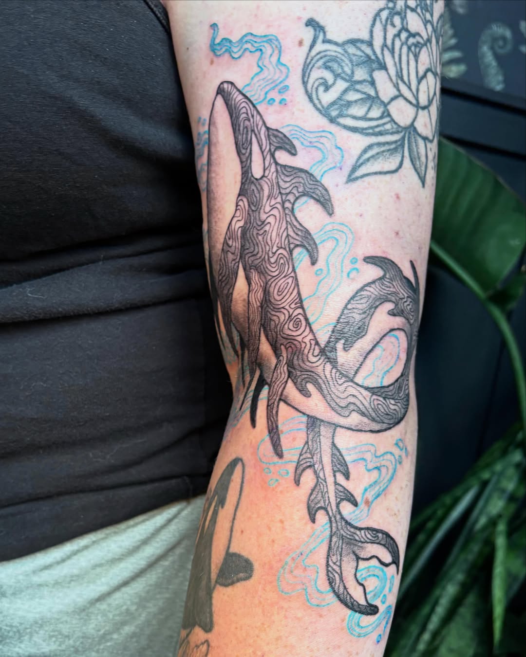 Whale black and grey tattoo on the forearm by Abby Ruok, Midvale, Utah