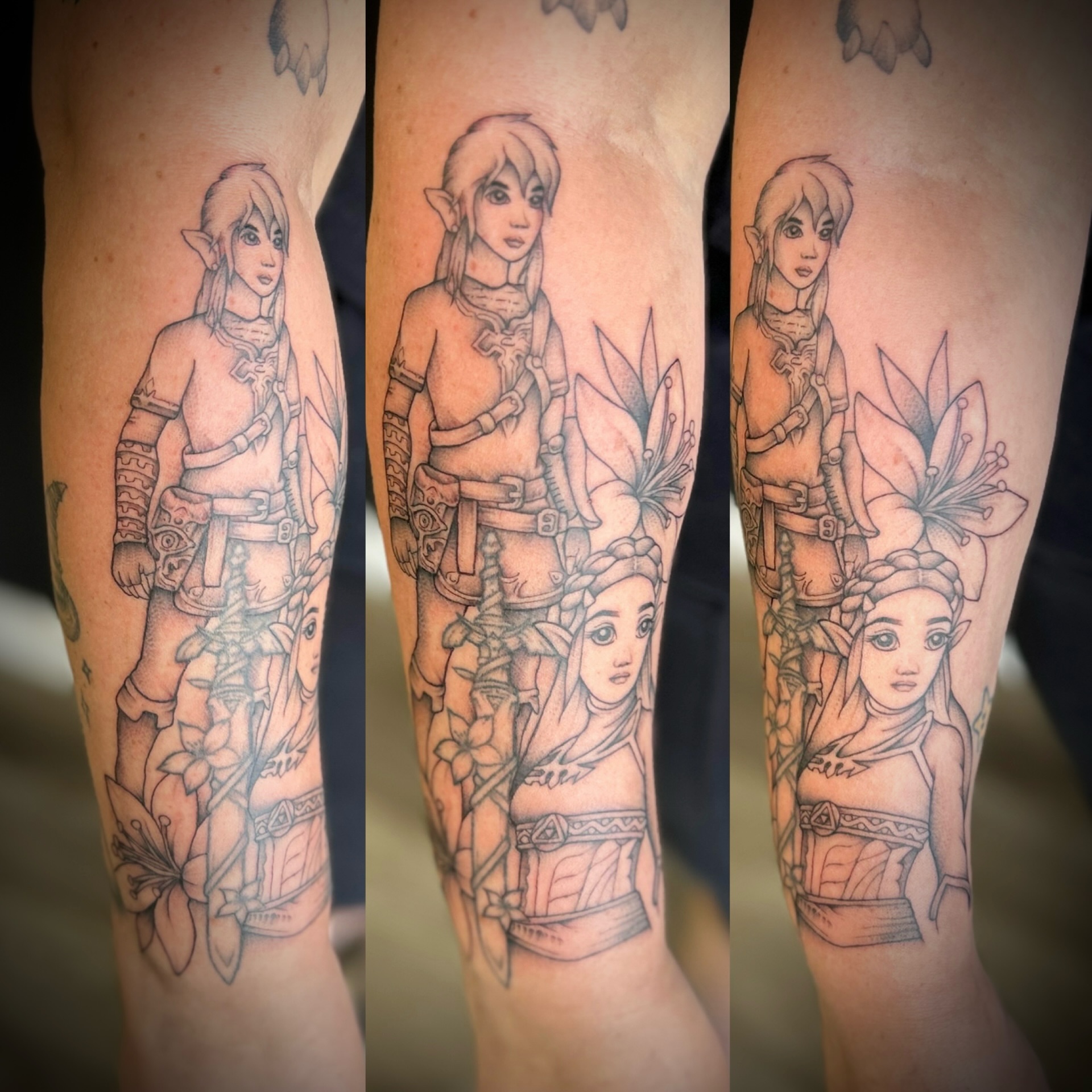 Link and zelda black and grey tattoo on the forearm by Browtique & Ink, Clearwater, Florida