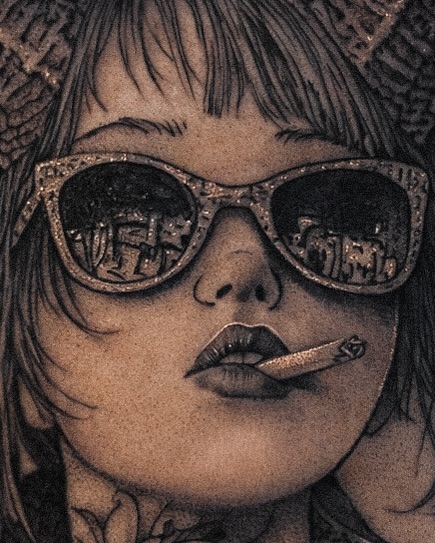 Portrait of a woman with sunglasses realism tattoo on the head by Mak$ Brand