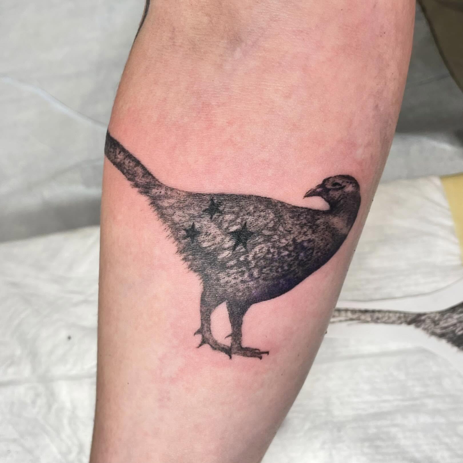 Bird black and grey tattoo on the forearm by sara ‧⭑𓆝 𓆟 𓆞 𓆝 𓆟 ⭑‧₊