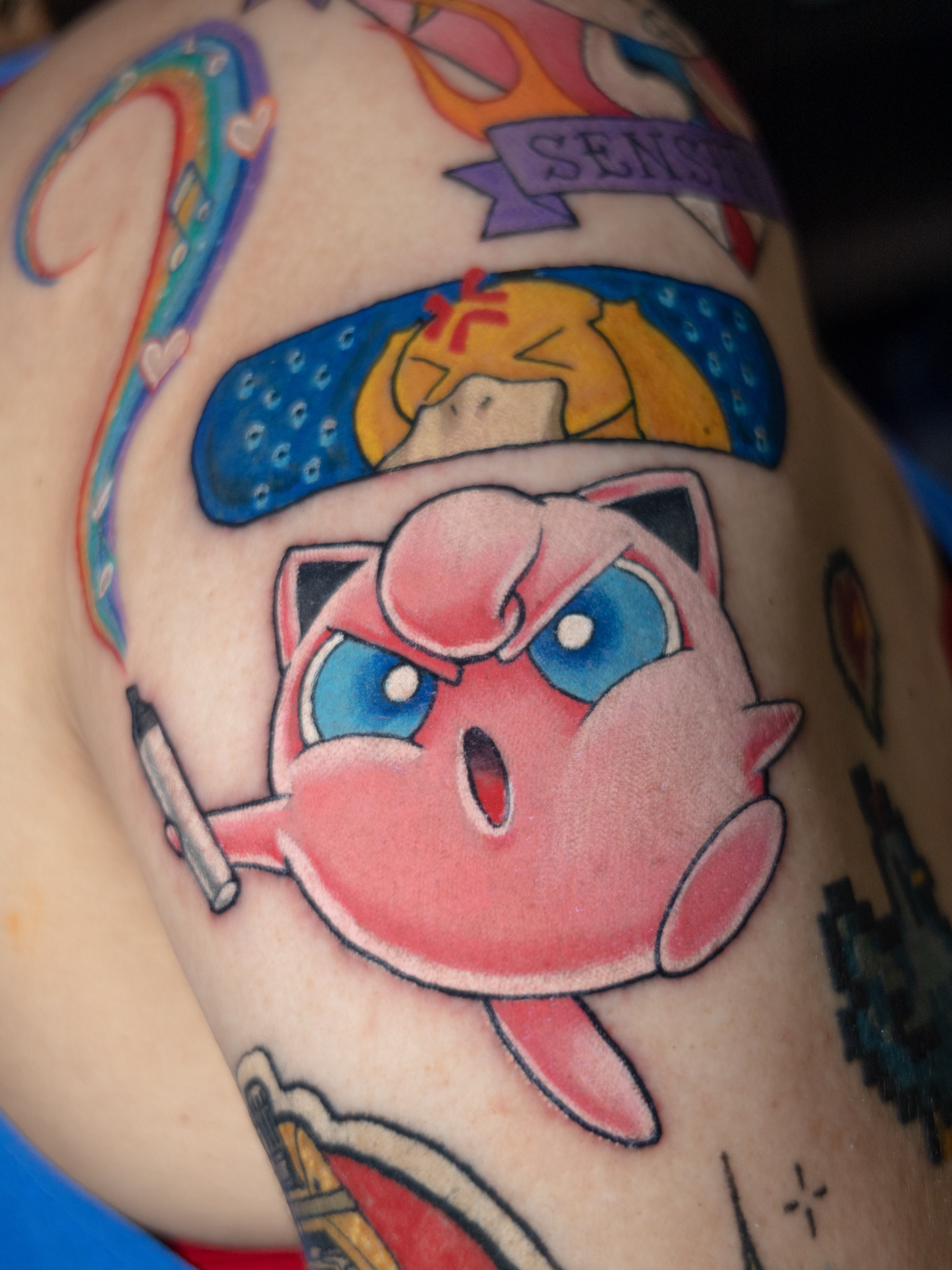 Jigglypuff dotwork tattoo on the shoulder by Tracci King