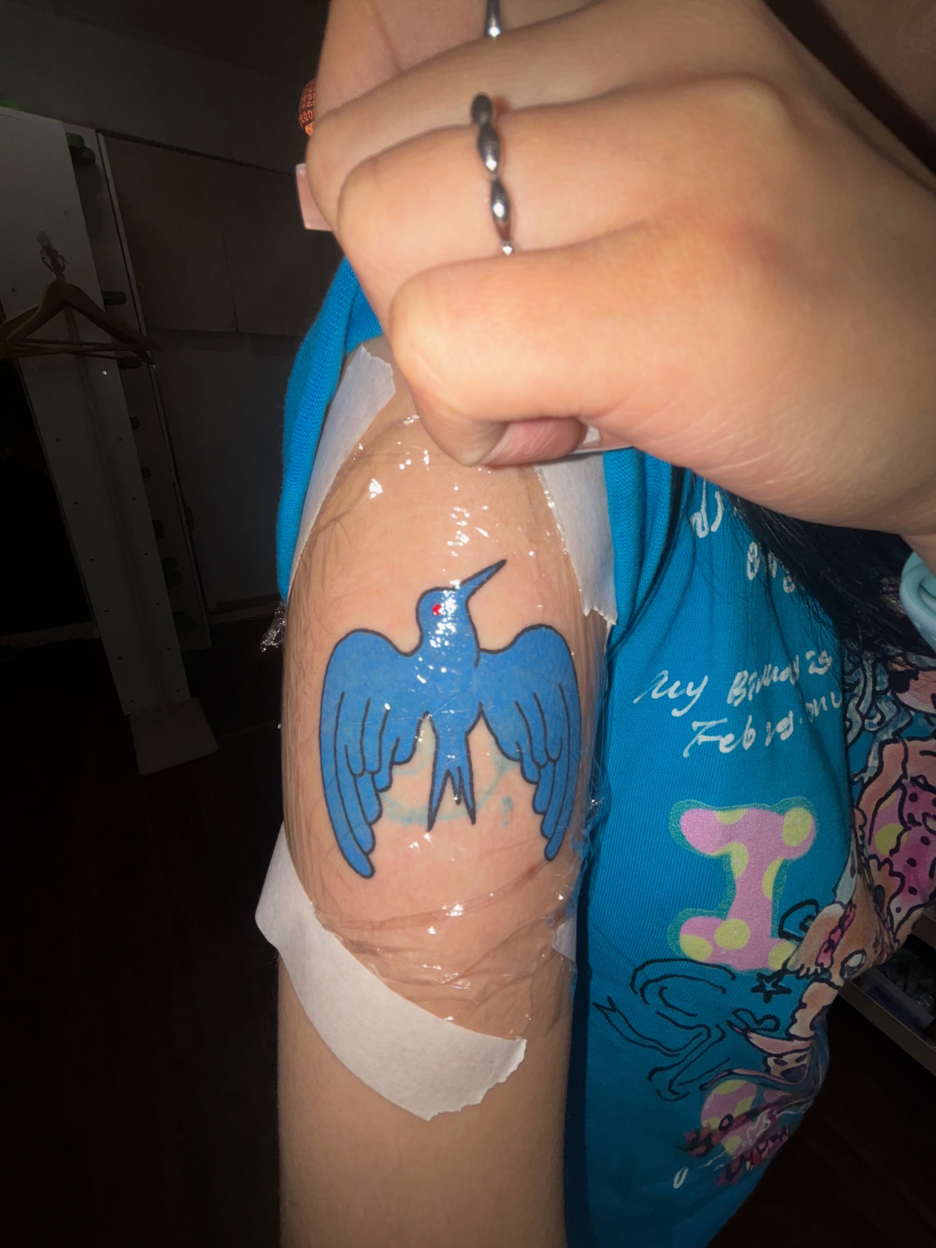 Bird American traditional tattoo on the upper arm by 드로잉타투 자유🧍