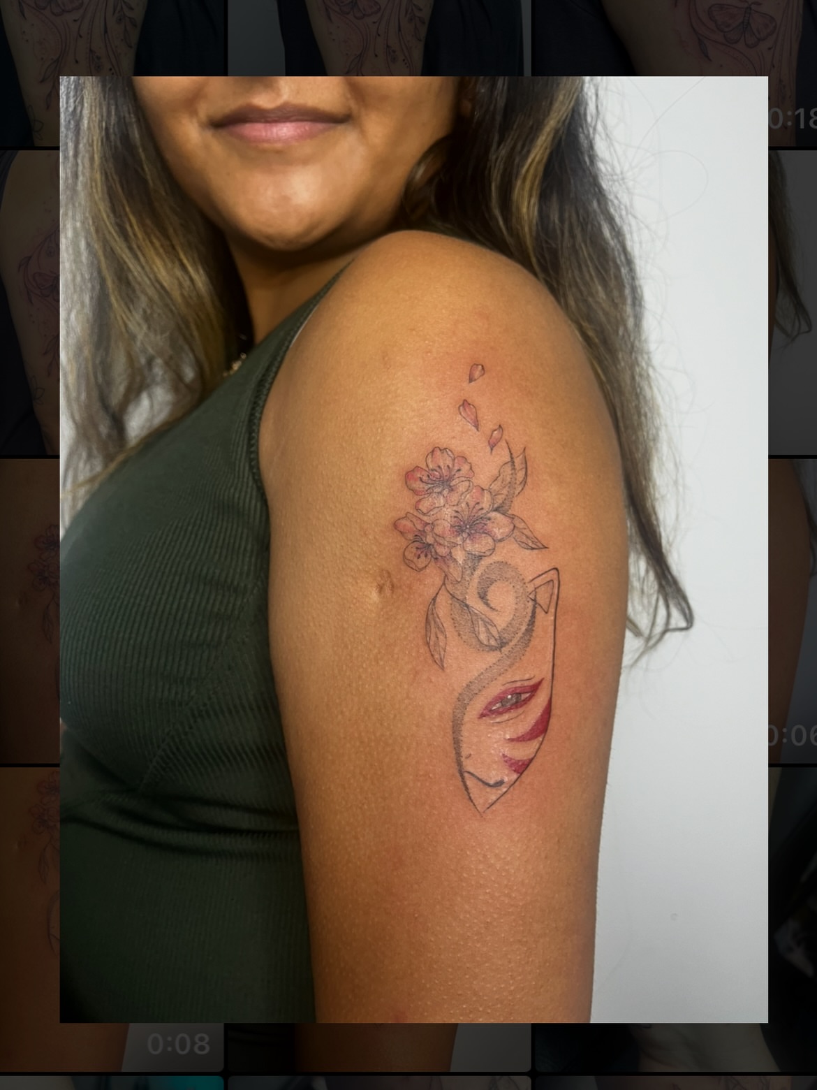 Flower and abstract shape watercolor tattoo on the shoulder by Sid