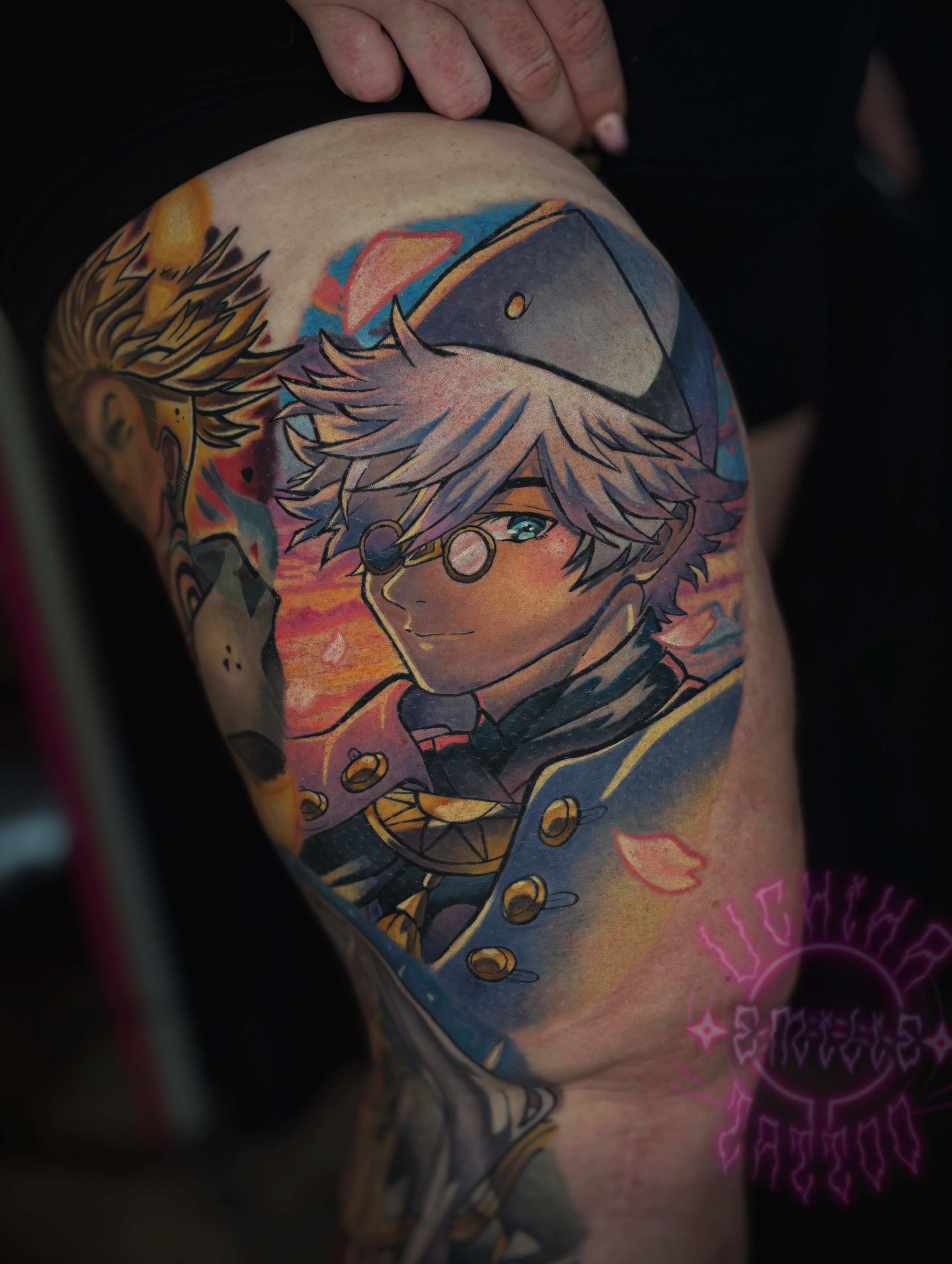 Anime character anime tattoo on the thigh by Emilie Uchiha - Anime Tattoo Artist