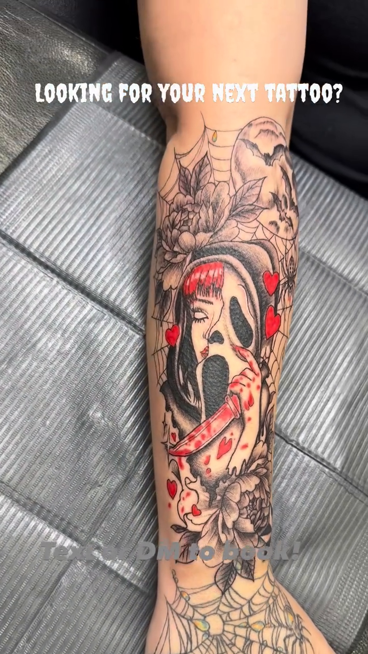 Scream mask with flowers and spiderwebs neo-traditional tattoo on the forearm by Sk Pierce