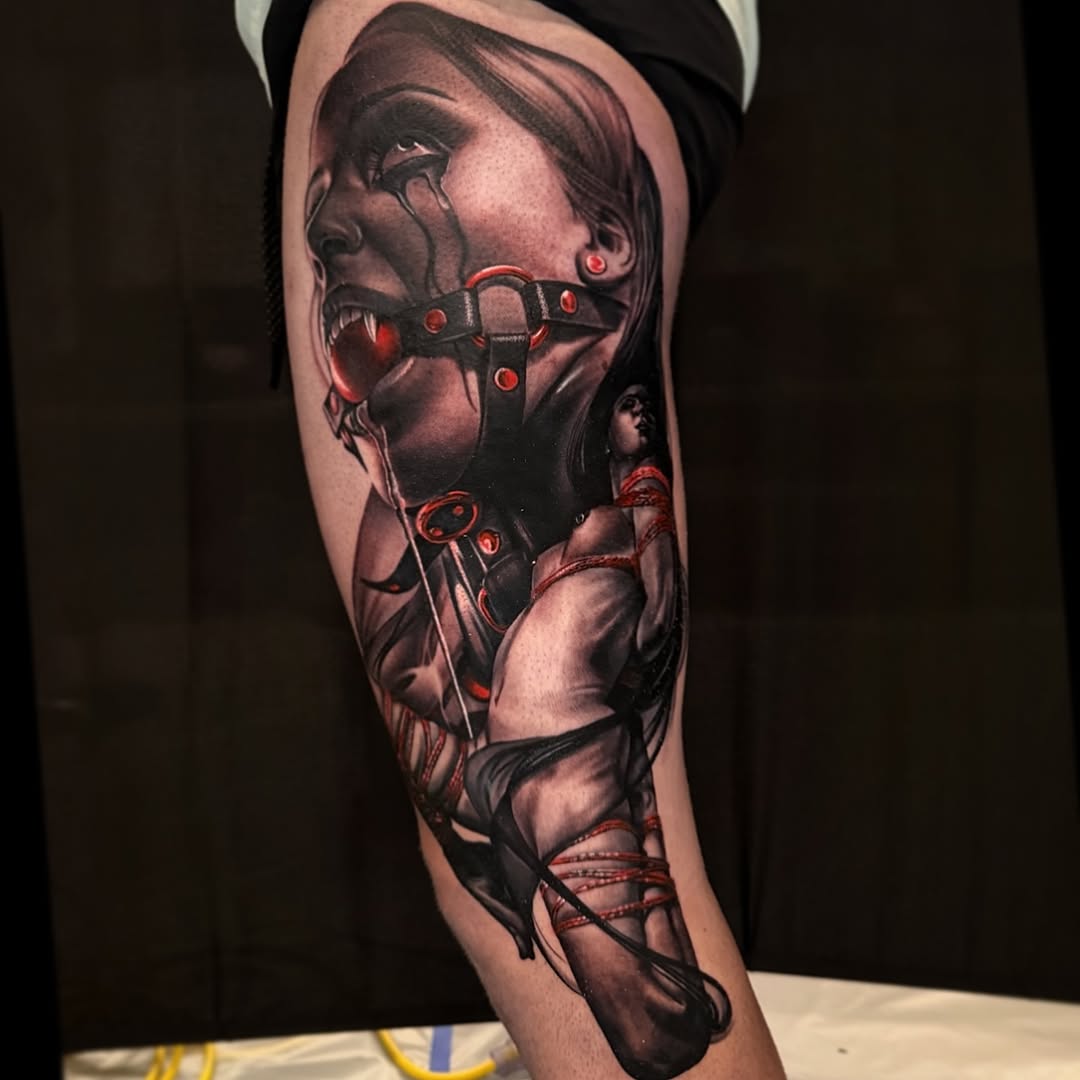 Woman with gag and ropes realism tattoo on the forearm by Dakota Case