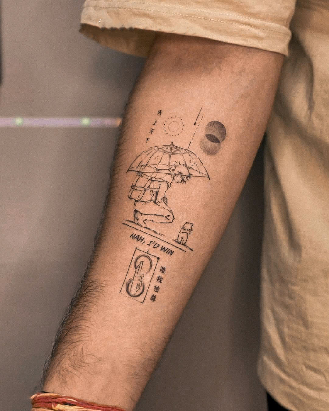Umbrella and kneeling figure dotwork tattoo on the forearm by Richmond tattoo shop, Richmond, Texas