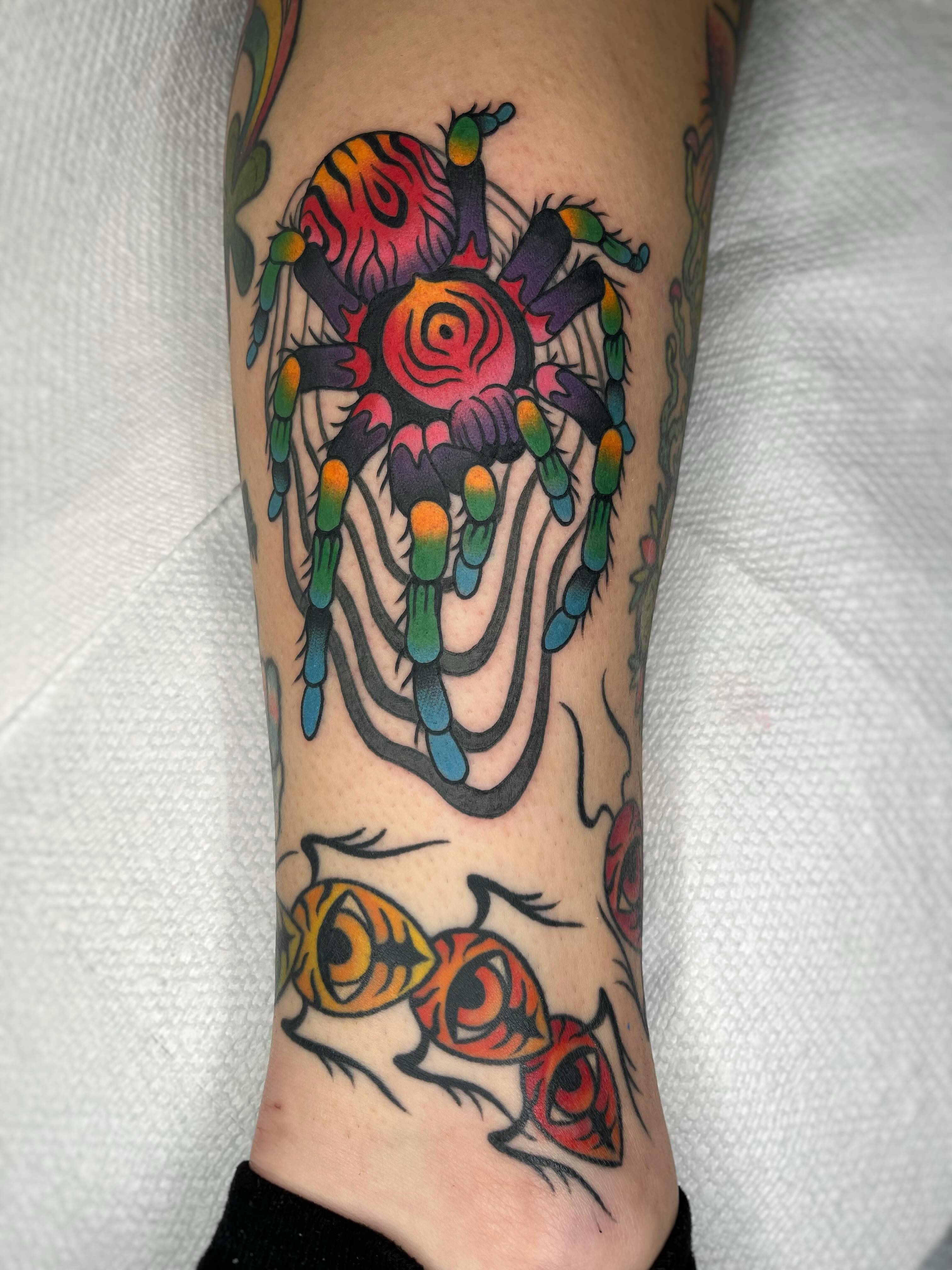 Spider American traditional tattoo on the forearm by Emi Collison