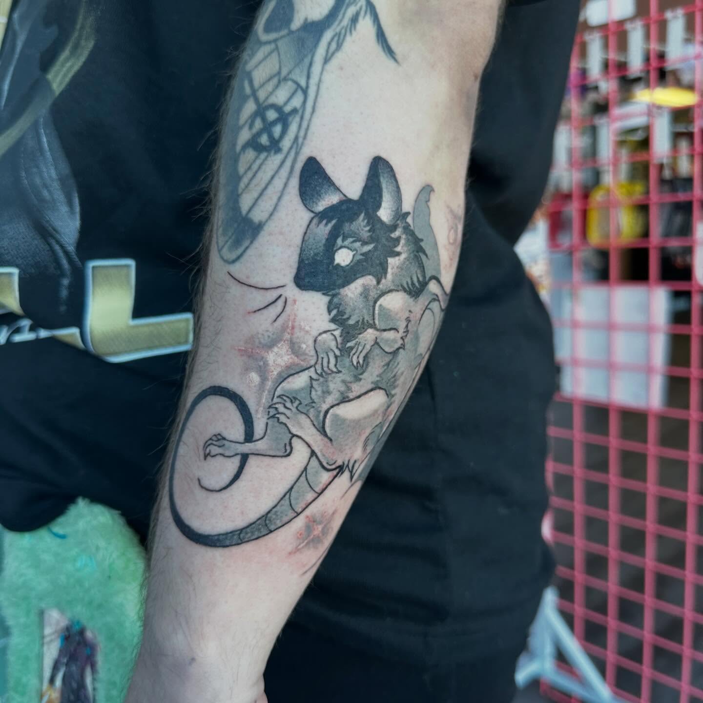 Rat black and grey tattoo on the forearm by ✦ Louie ✦, Sterling Heights, Michigan