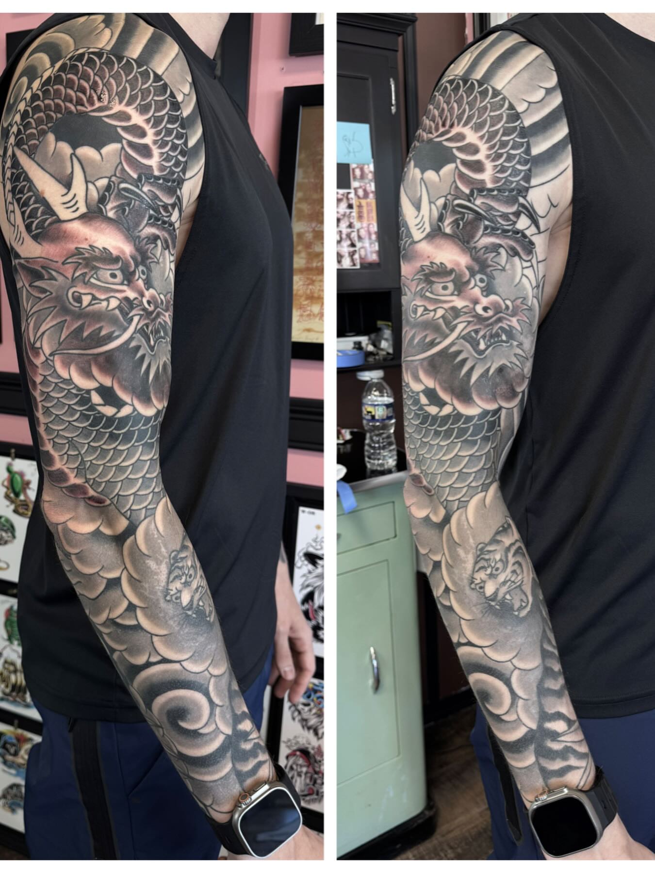 Dragon and demon japanese irezumi tattoo on the upper arm by Landon Lewis