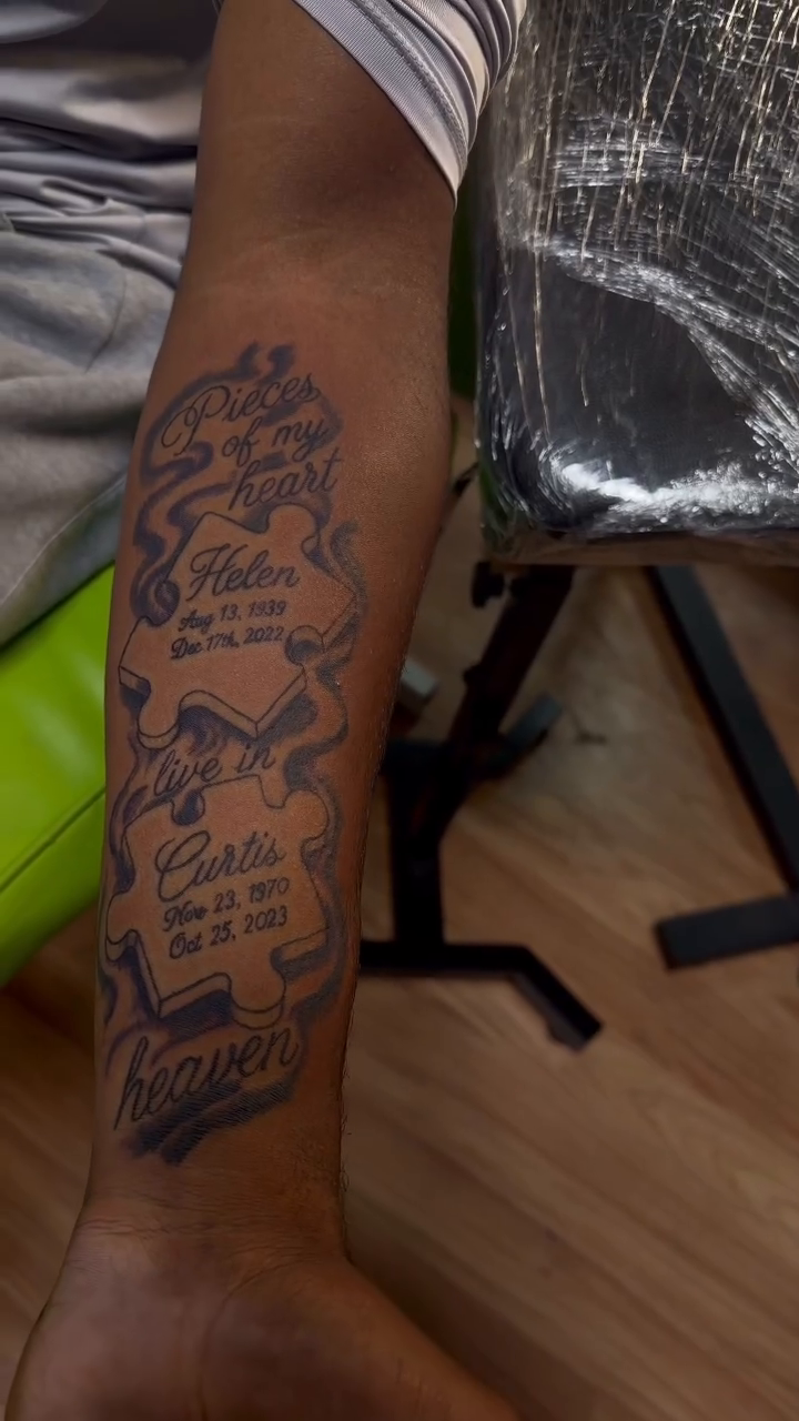 Names and dates in script lettering script tattoo by Ms Thick