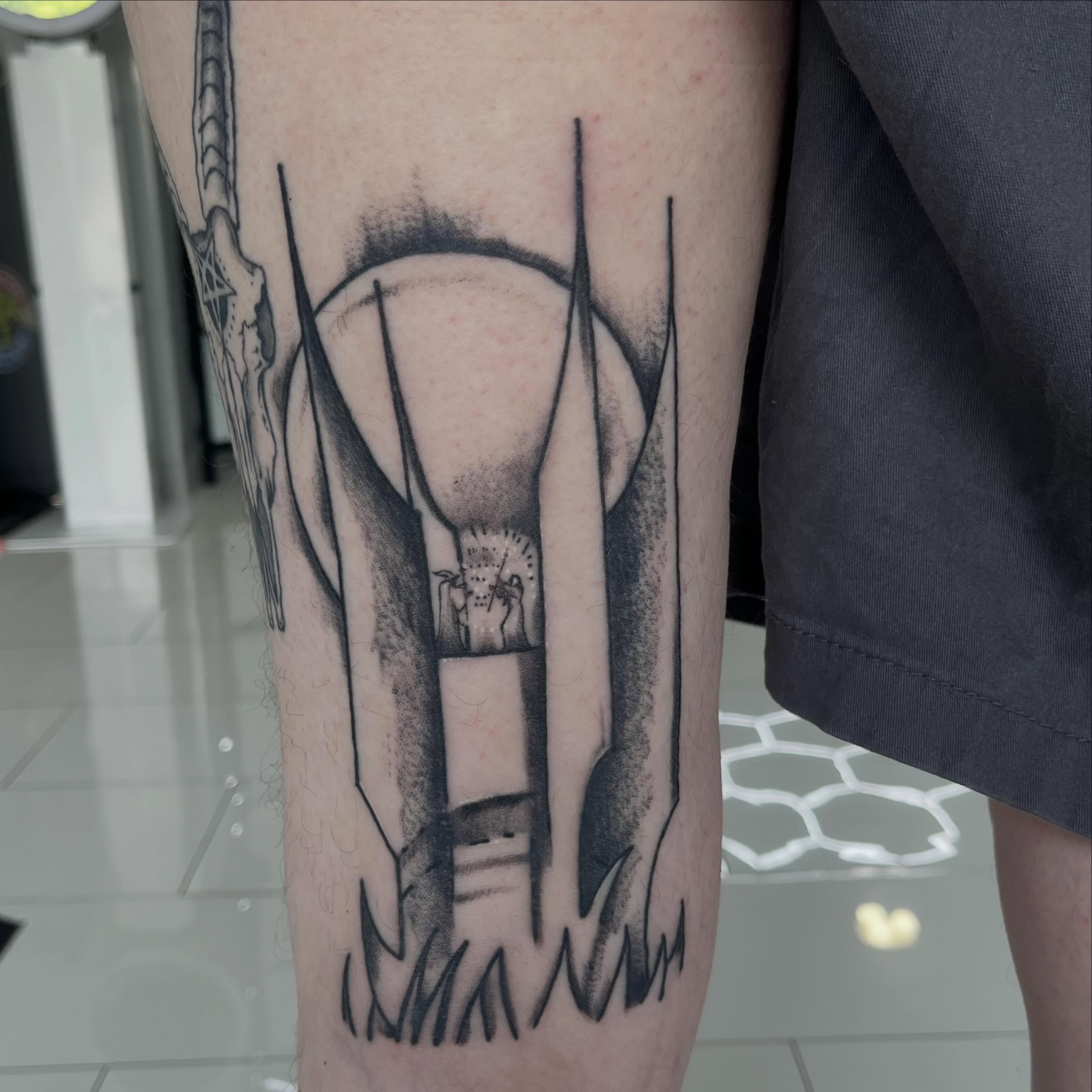 Rocket launch dotwork tattoo on the forearm by Sour Tattoo, Somerville, Massachusetts