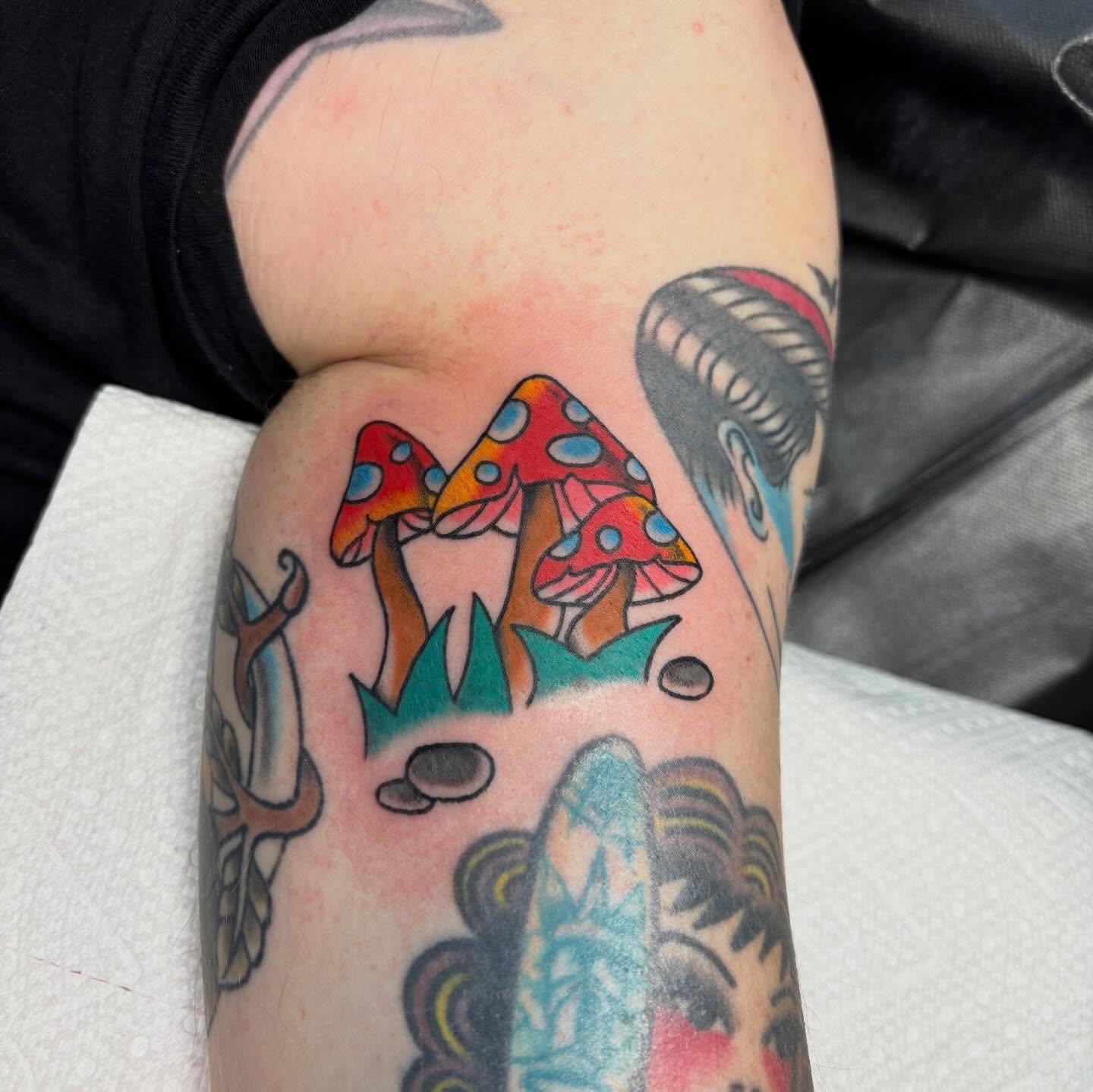 Mushrooms American traditional tattoo on the forearm by ❁ Tat2friend ❁
