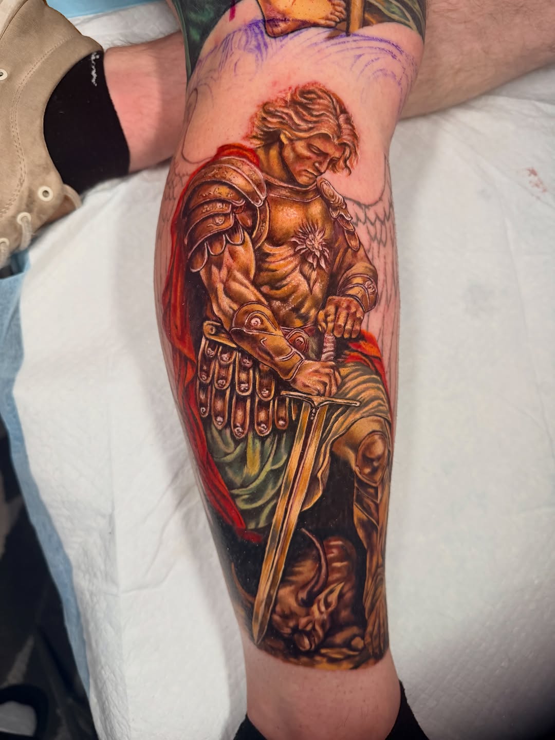 Archangel Michael with sword realism tattoo on the forearm by John Ayson, Murrieta, California