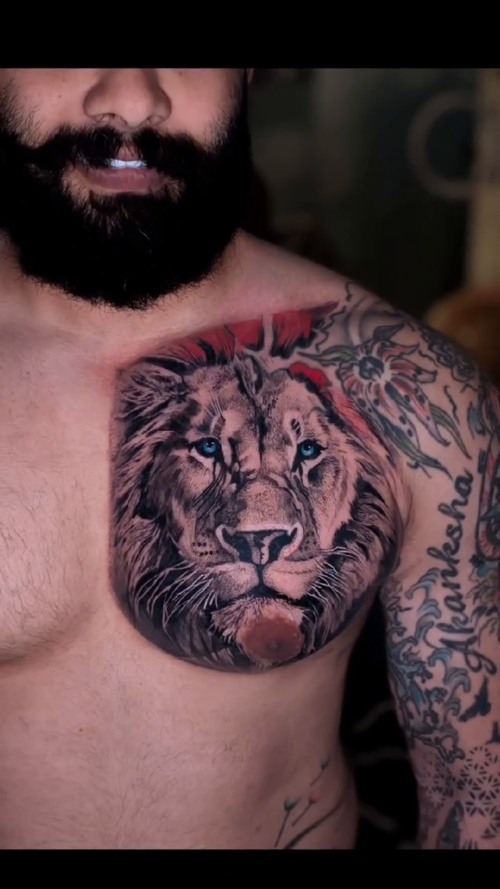 Lion chest tattoo realism tattoo on the chest by Shubhadeep Mukherjee
