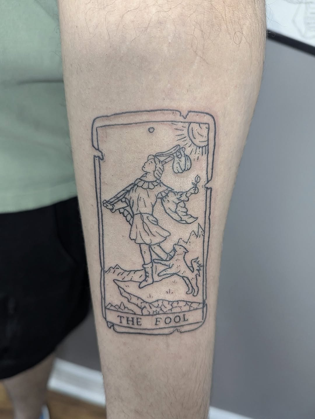 The Fool tarot card sketch tattoo on the forearm by Patricio