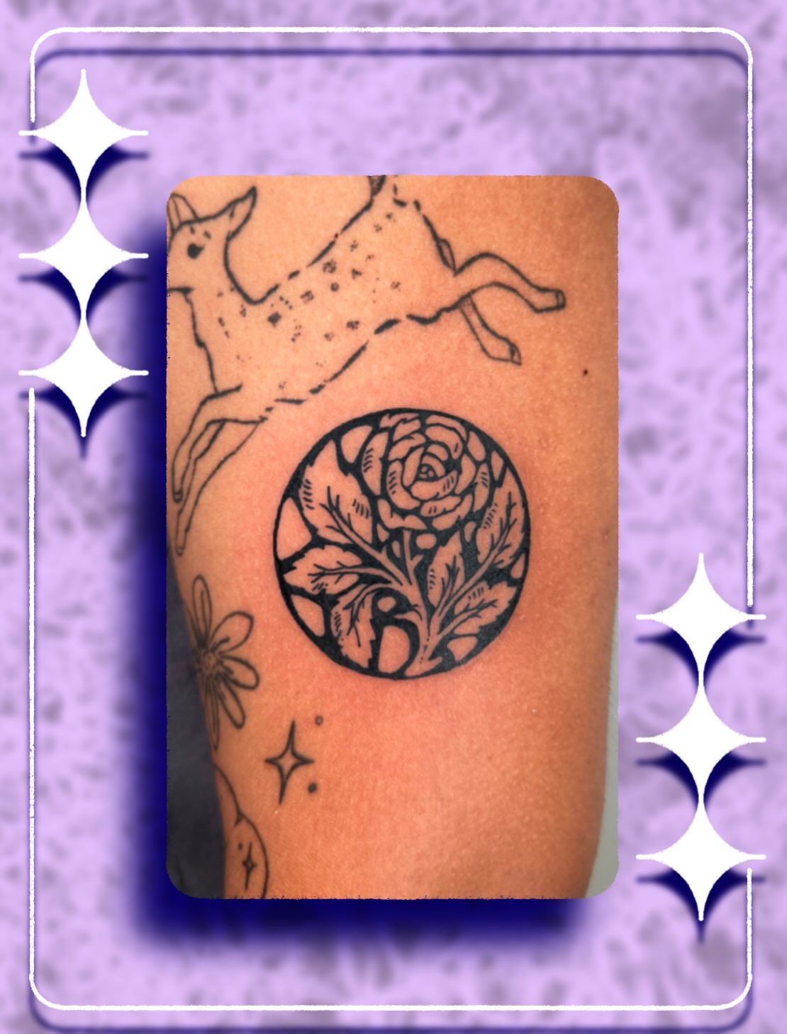 Deer and rose ornamental tattoo on the forearm by layne