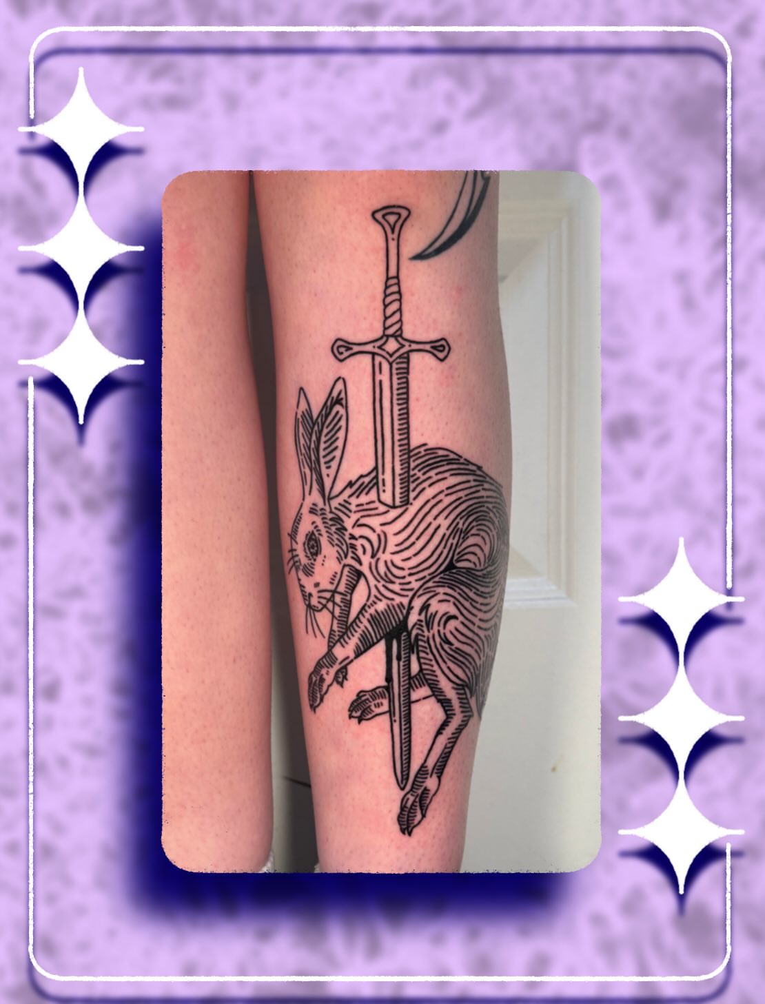 Rabbit with sword black and grey tattoo on the forearm by layne