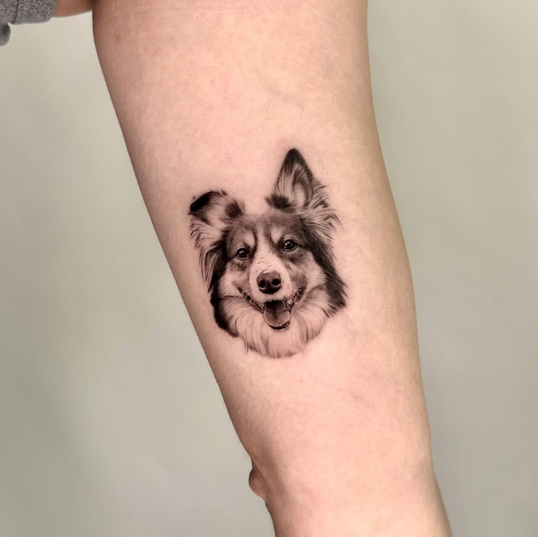 Dog portrait realism tattoo on the forearm by Longtea