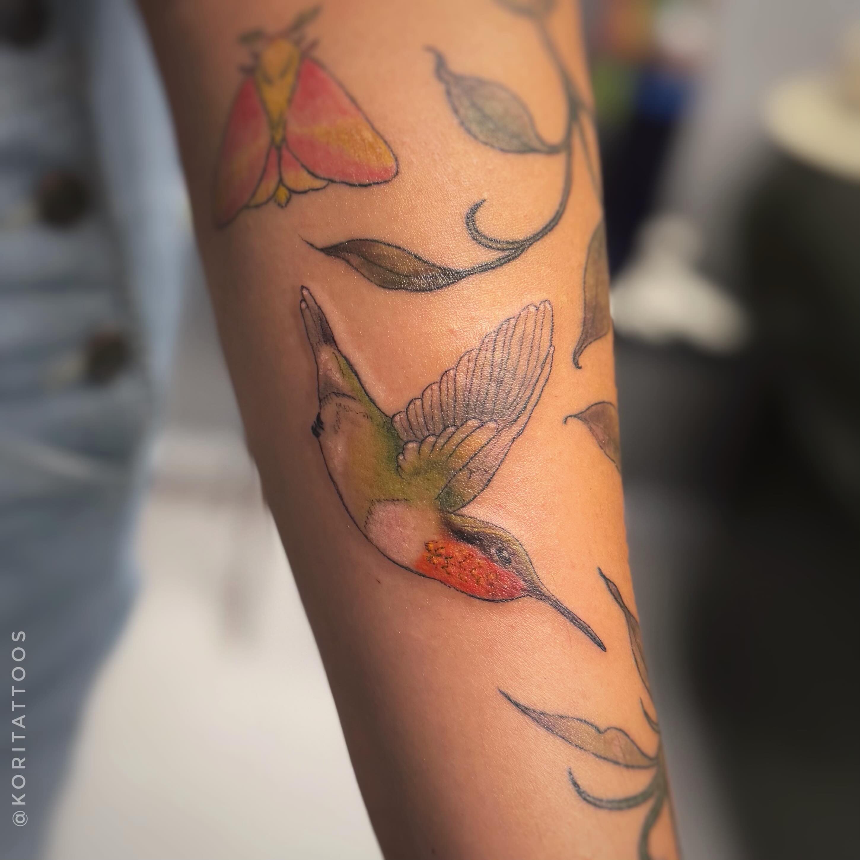 Hummingbird and moth watercolor tattoo on the forearm by Kori Millhimes