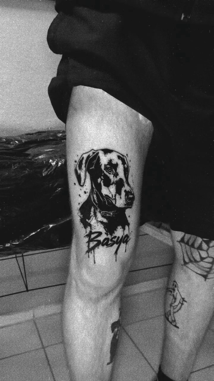 Dalmatian dog portrait with name realism tattoo on the forearm by lu ๐