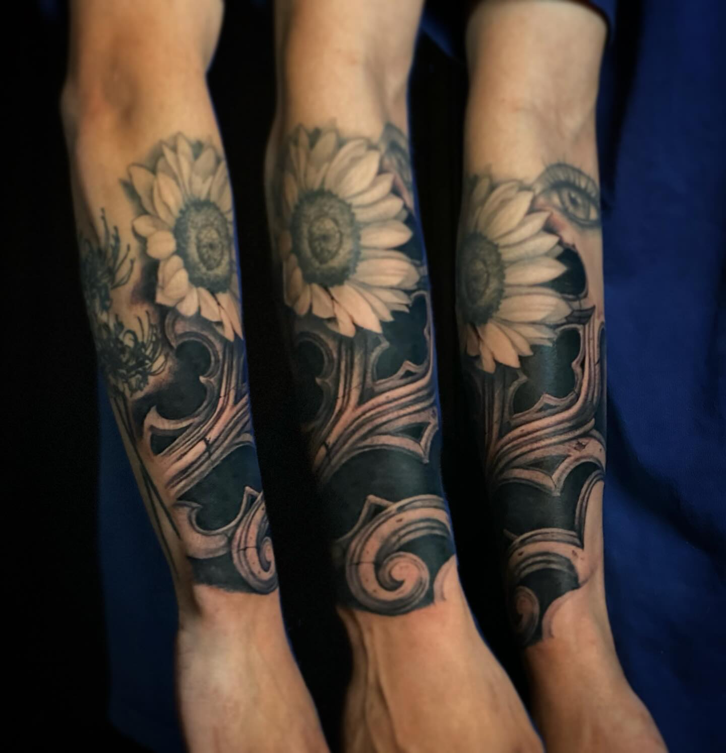 Sunflower realism tattoo on the forearm by Picasso Dular, Lake Forest, California