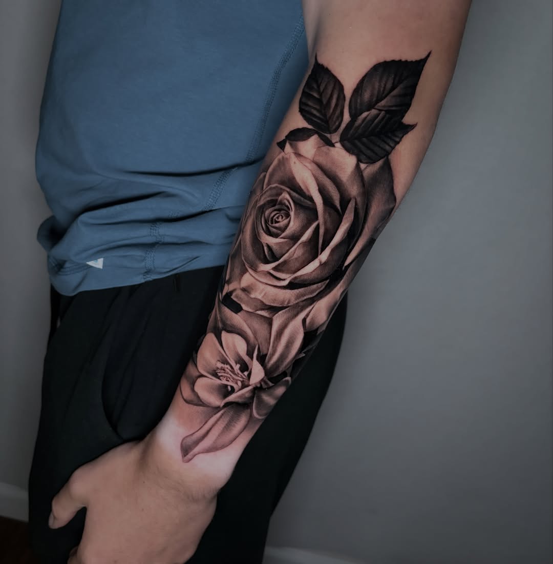 Rose realism tattoo on the forearm by Tony Lucero, Wheat Ridge, Colorado
