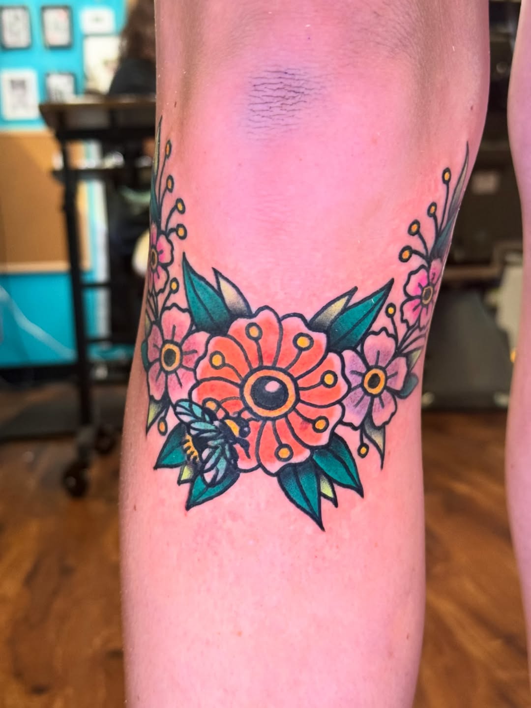 Flowers and bee American traditional tattoo on the forearm by π Erin Stephens π€