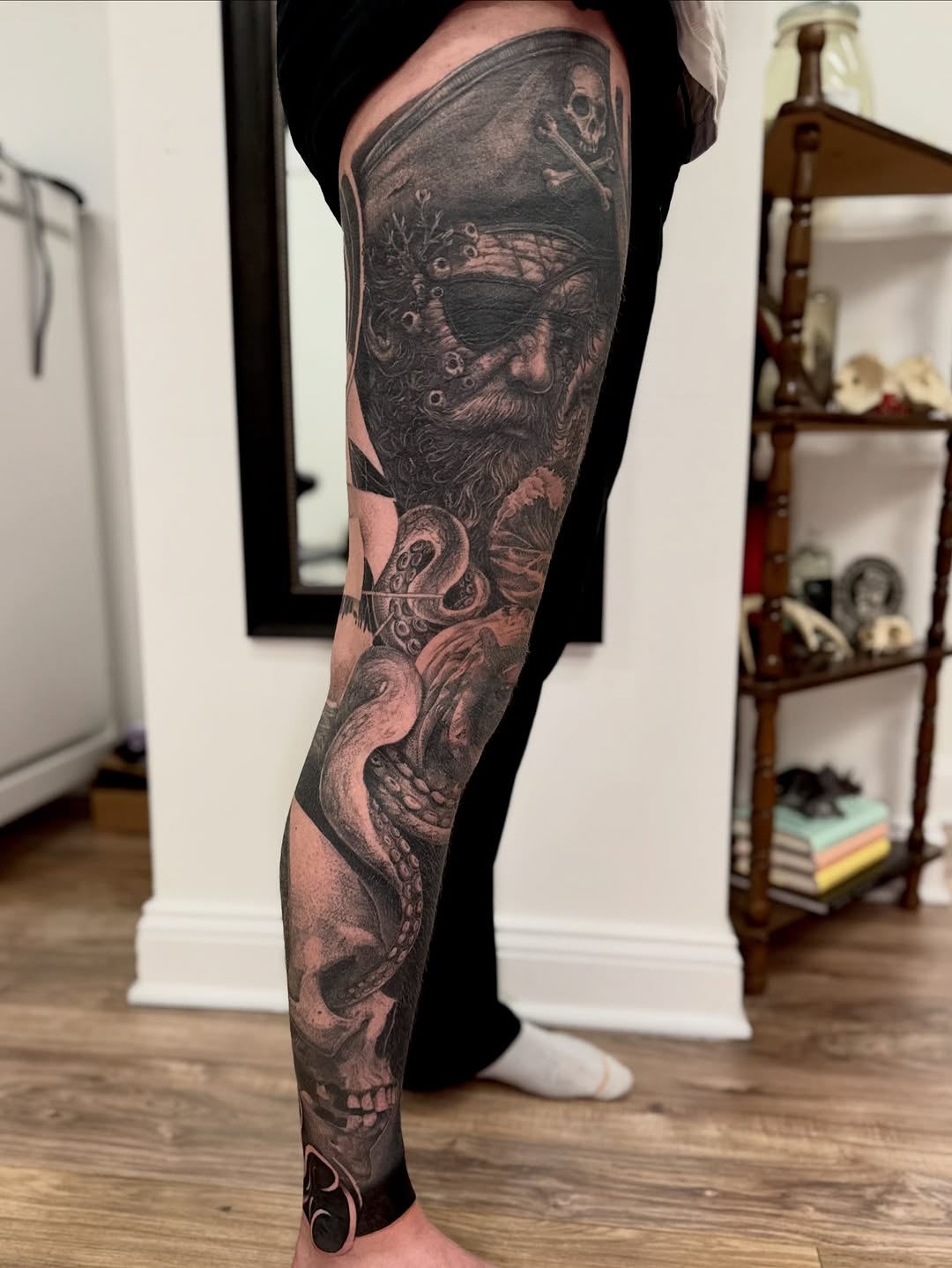 Pirate skull and octopus Japanese tattoo on the leg by Kody Miller Tattoos 📍Kansas City MO Tattoo, Kansas City, Missouri
