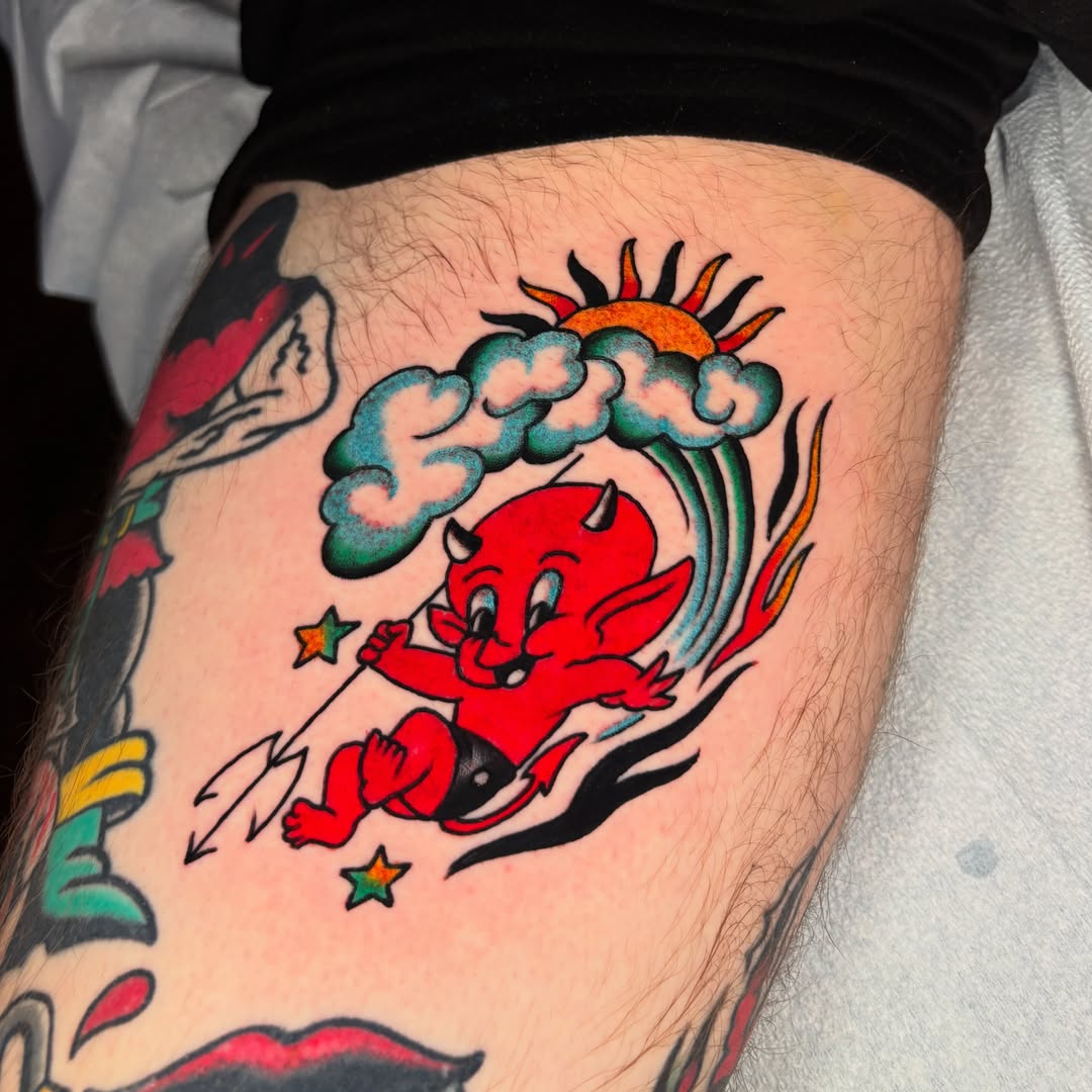 Red devil American traditional tattoo on the thigh by Max Klapp, Austin, Texas