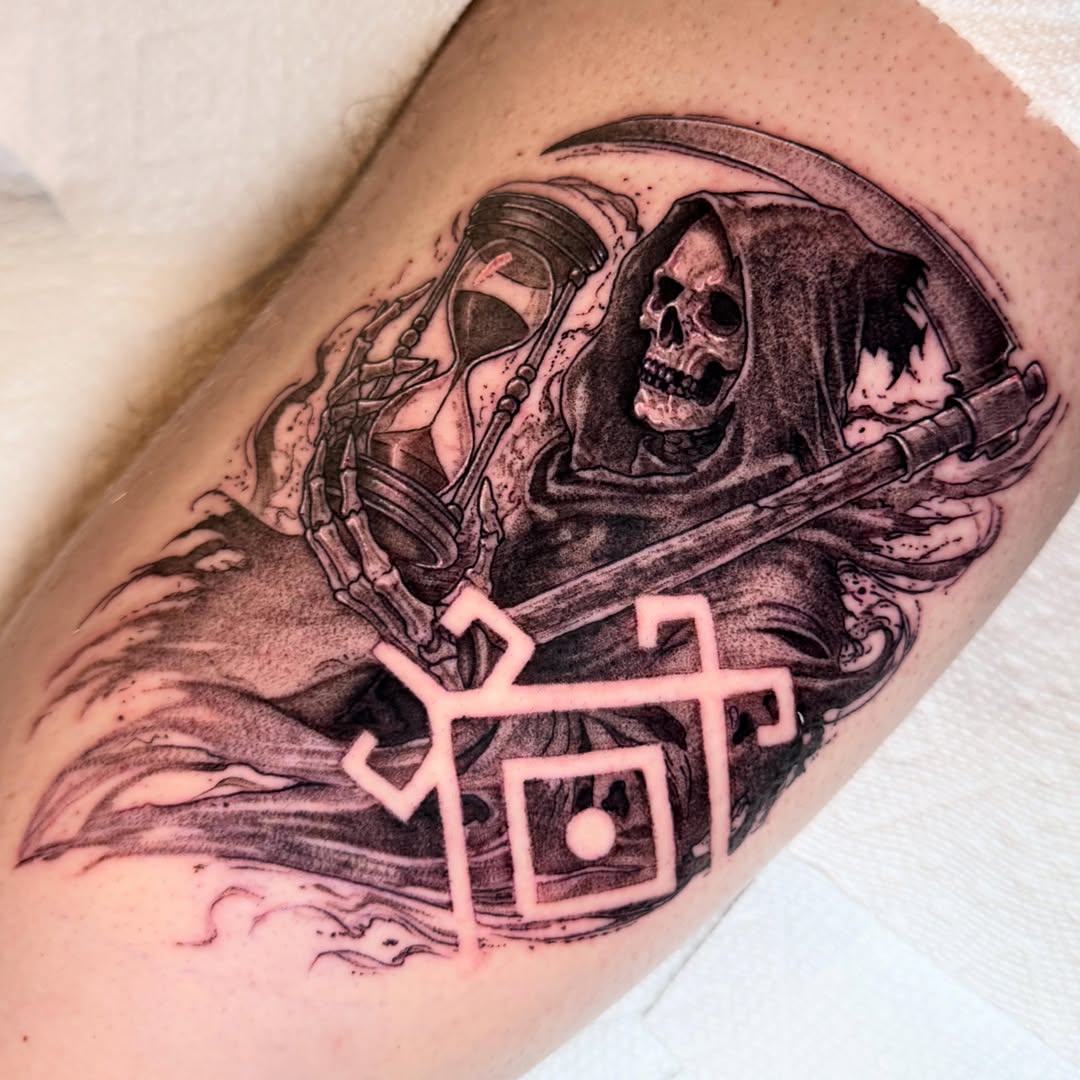 Grim reaper realism tattoo on the thigh by Em ✨PA Tattooer