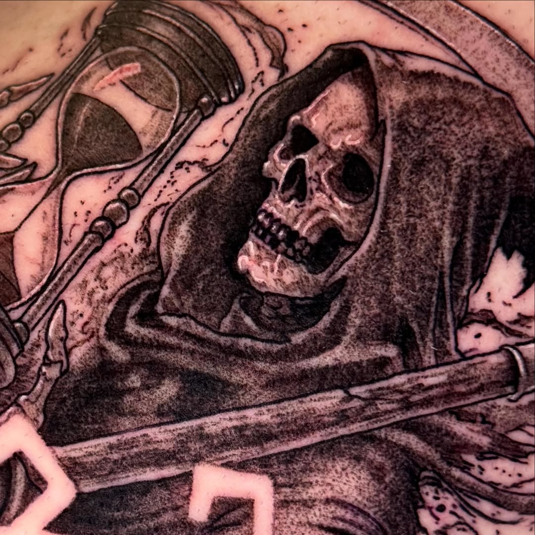 Grim reaper black and grey tattoo on the torso by Em ✨PA Tattooer