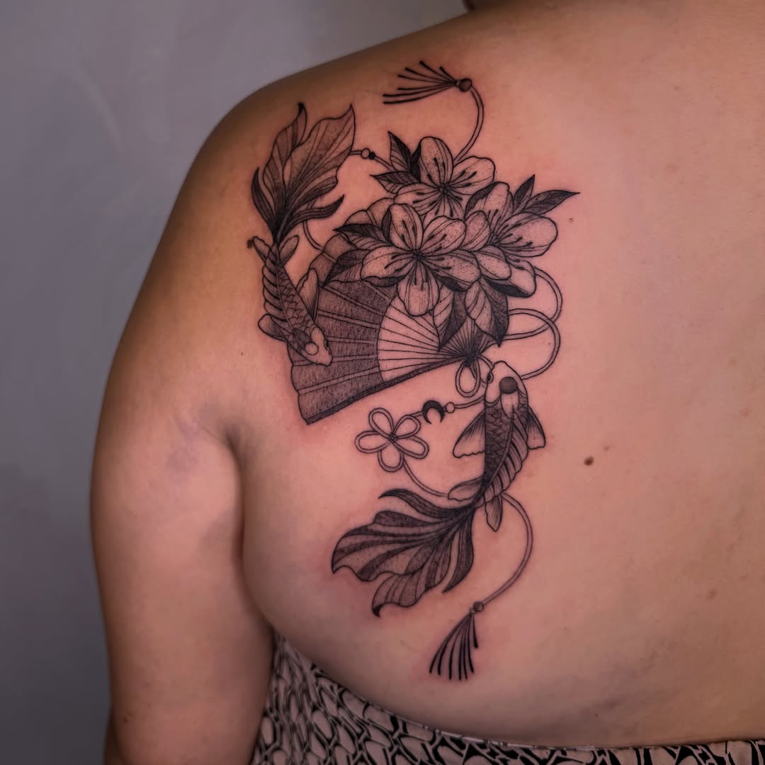 Geisha-inspired floral arrangement japanese irezumi tattoo on the shoulder by Melissa "Lotuss" Chan