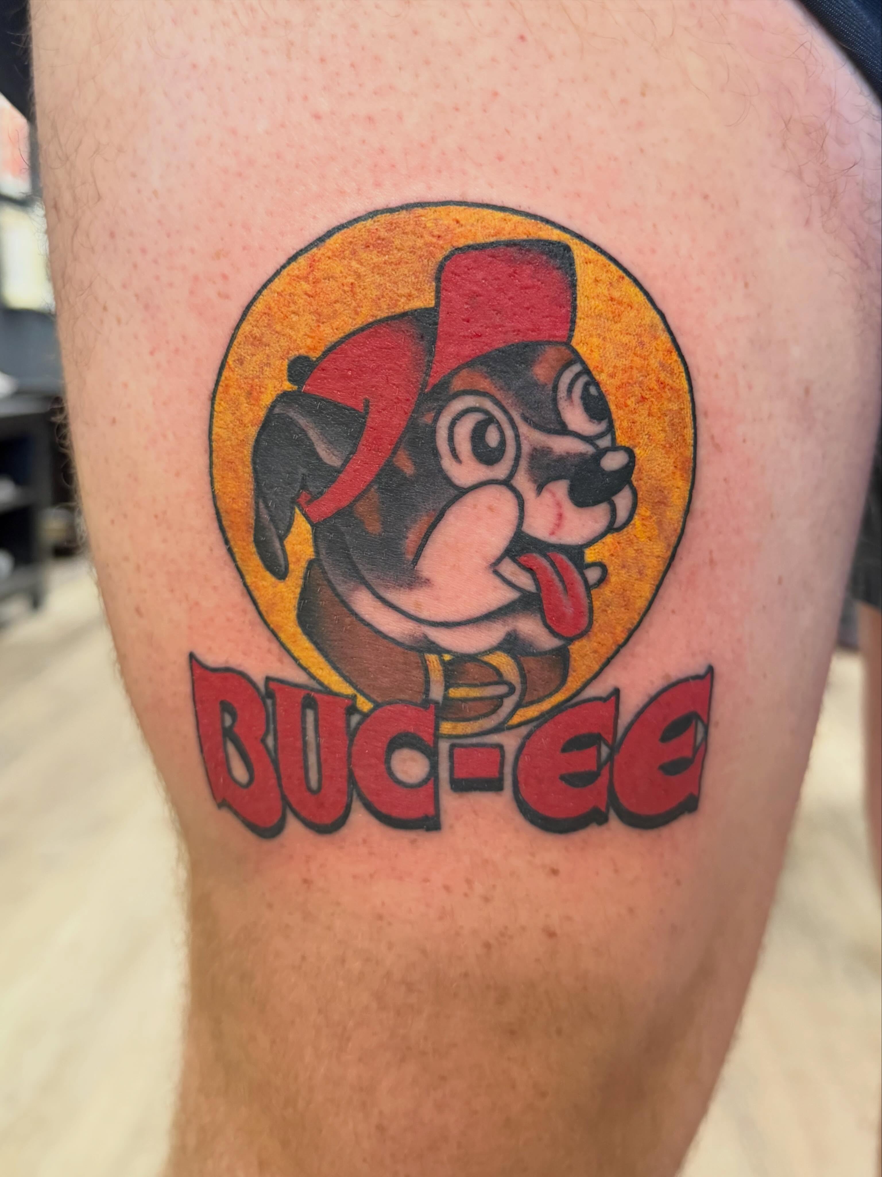 Buc-ee the dog American traditional tattoo on the thigh by Kane L, Albuquerque, New Mexico