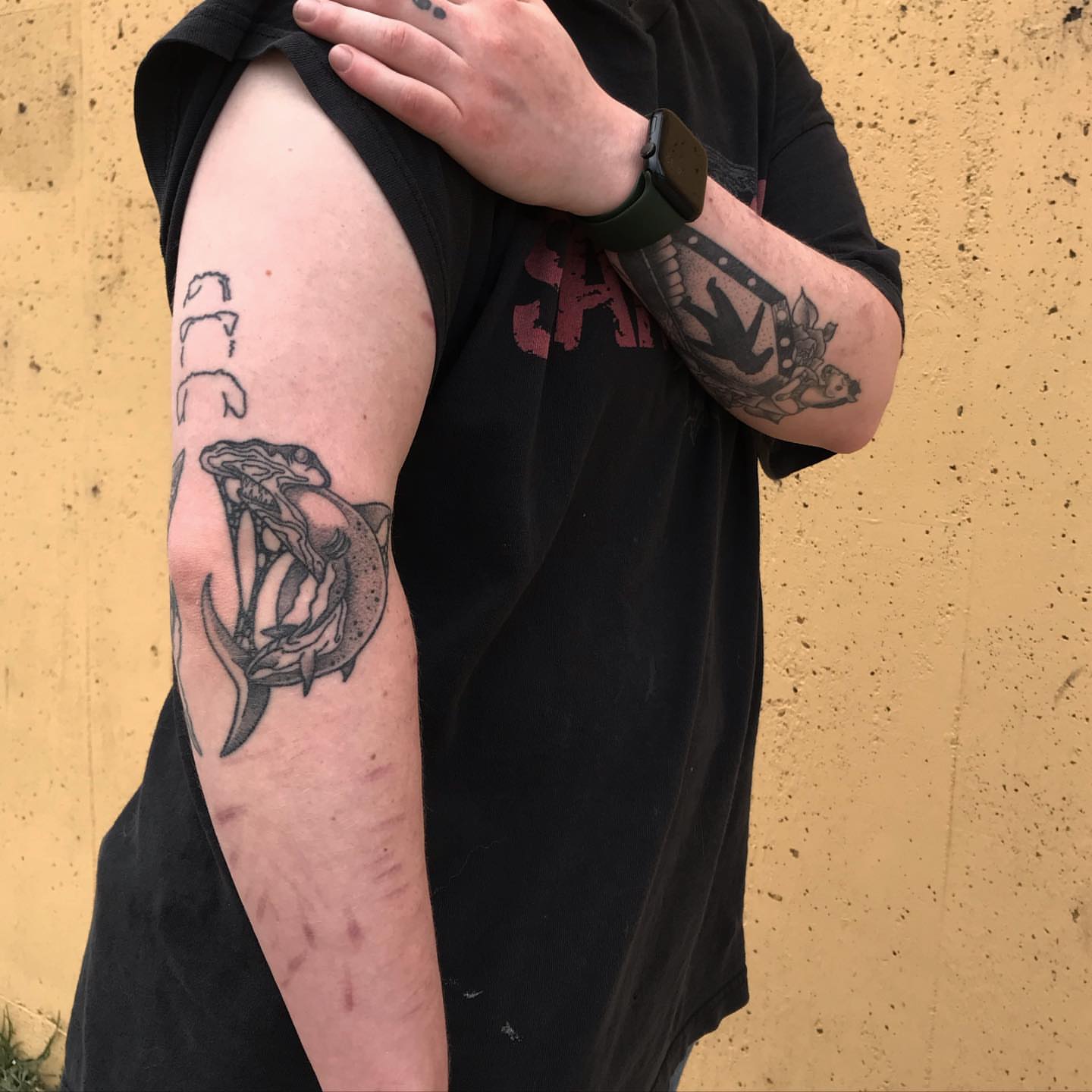 Snake and fish black and grey tattoo on the forearm by Kim