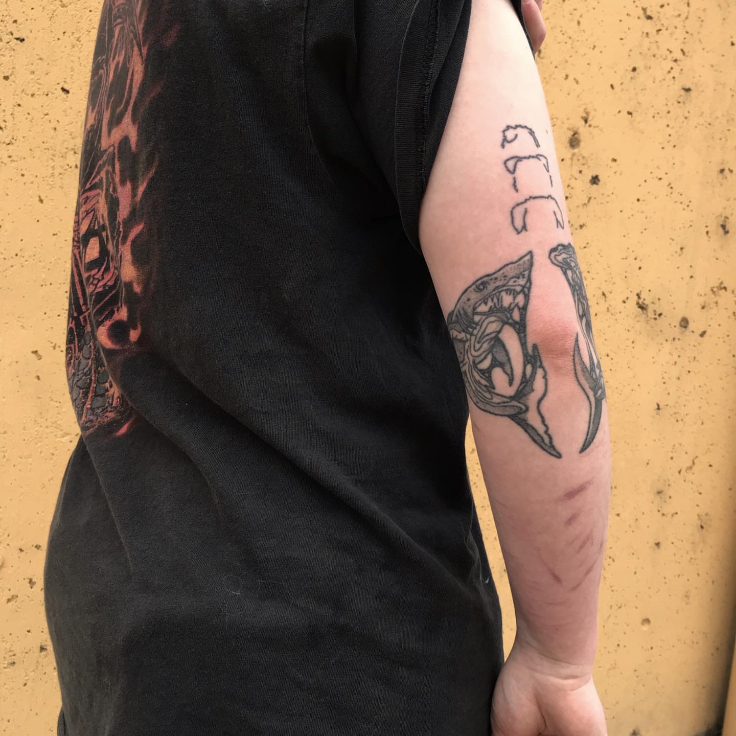 Shark black and grey tattoo on the forearm by Kim