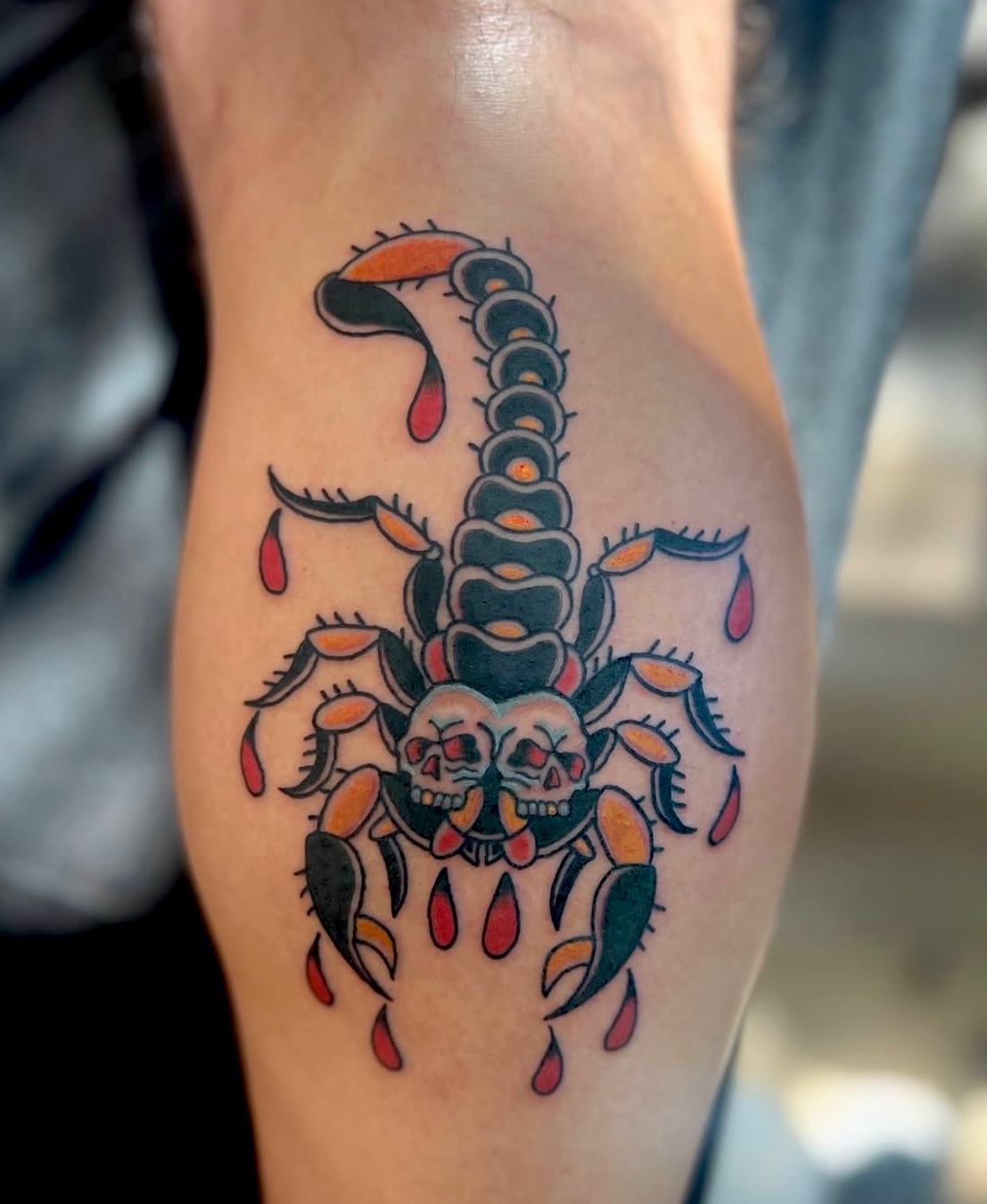 Scorpion American traditional tattoo on the thigh by Dustie Pitstick