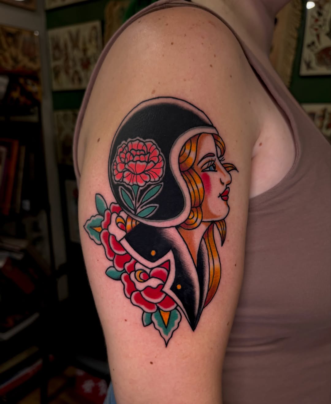 Flapper girl with roses American traditional tattoo on the shoulder by Dustie Pitstick