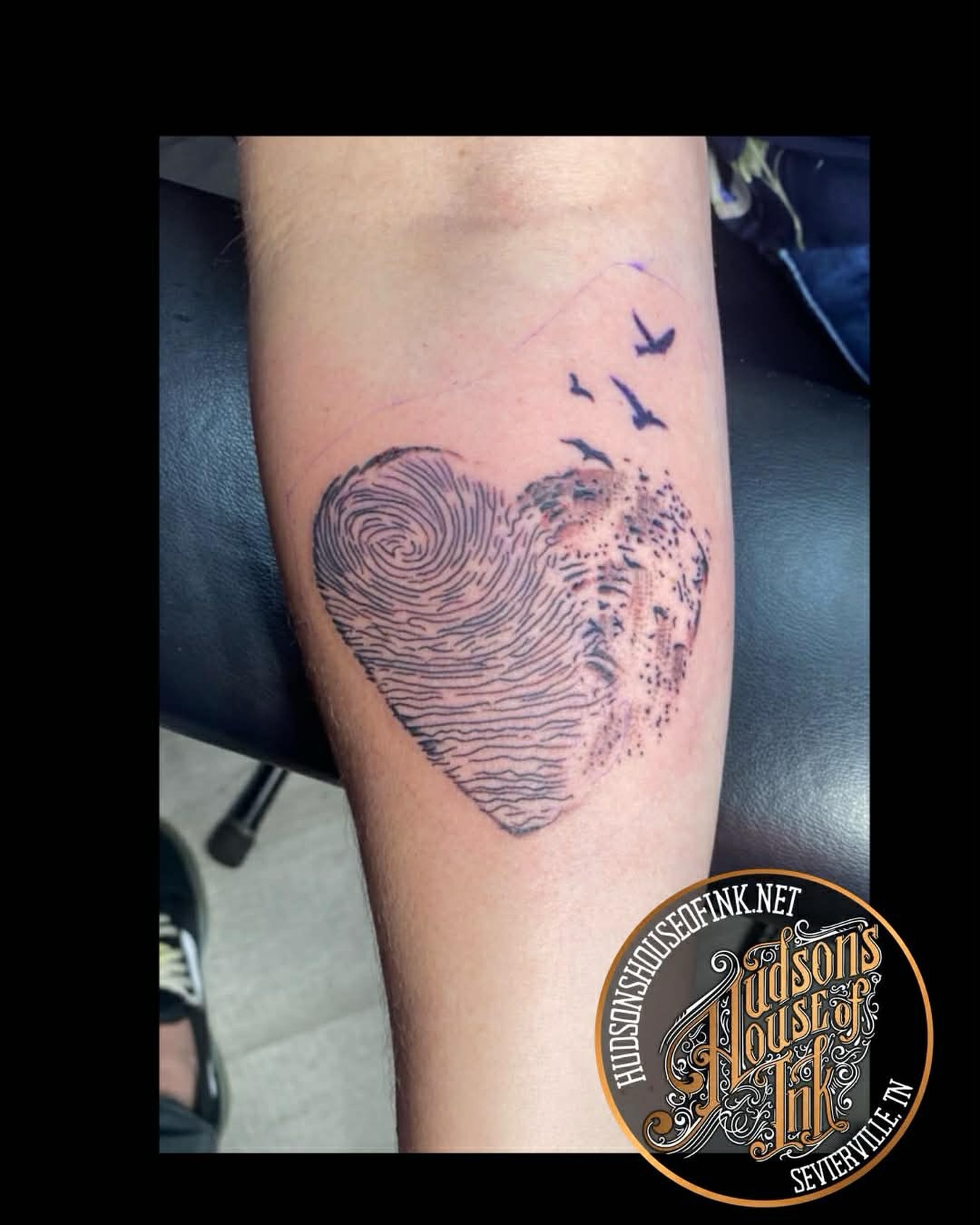 Fingerprint heart dotwork tattoo on the forearm by @rayscott_tattoo