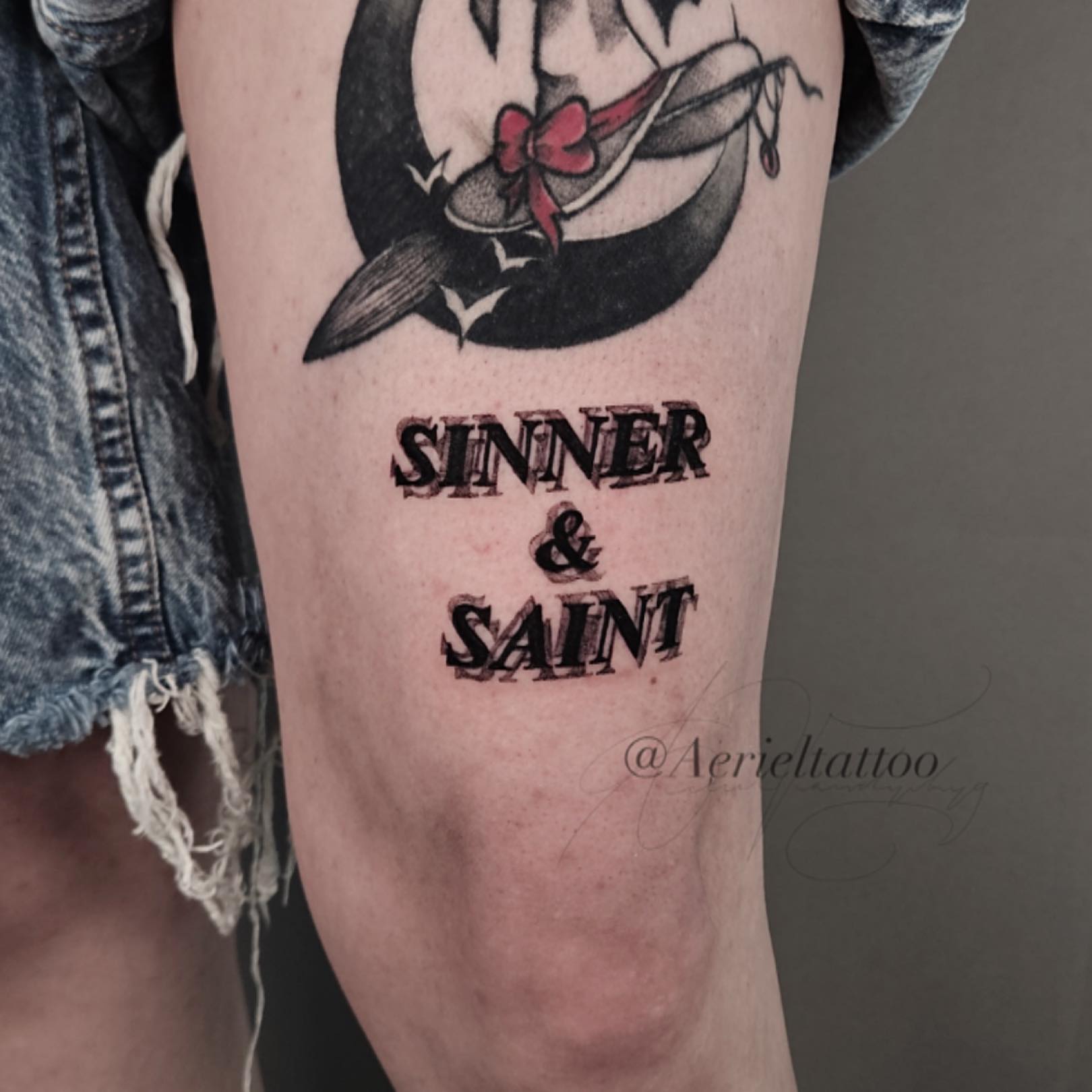 Sinner & saint black and grey tattoo on the forearm by Dallas Tattoo artist