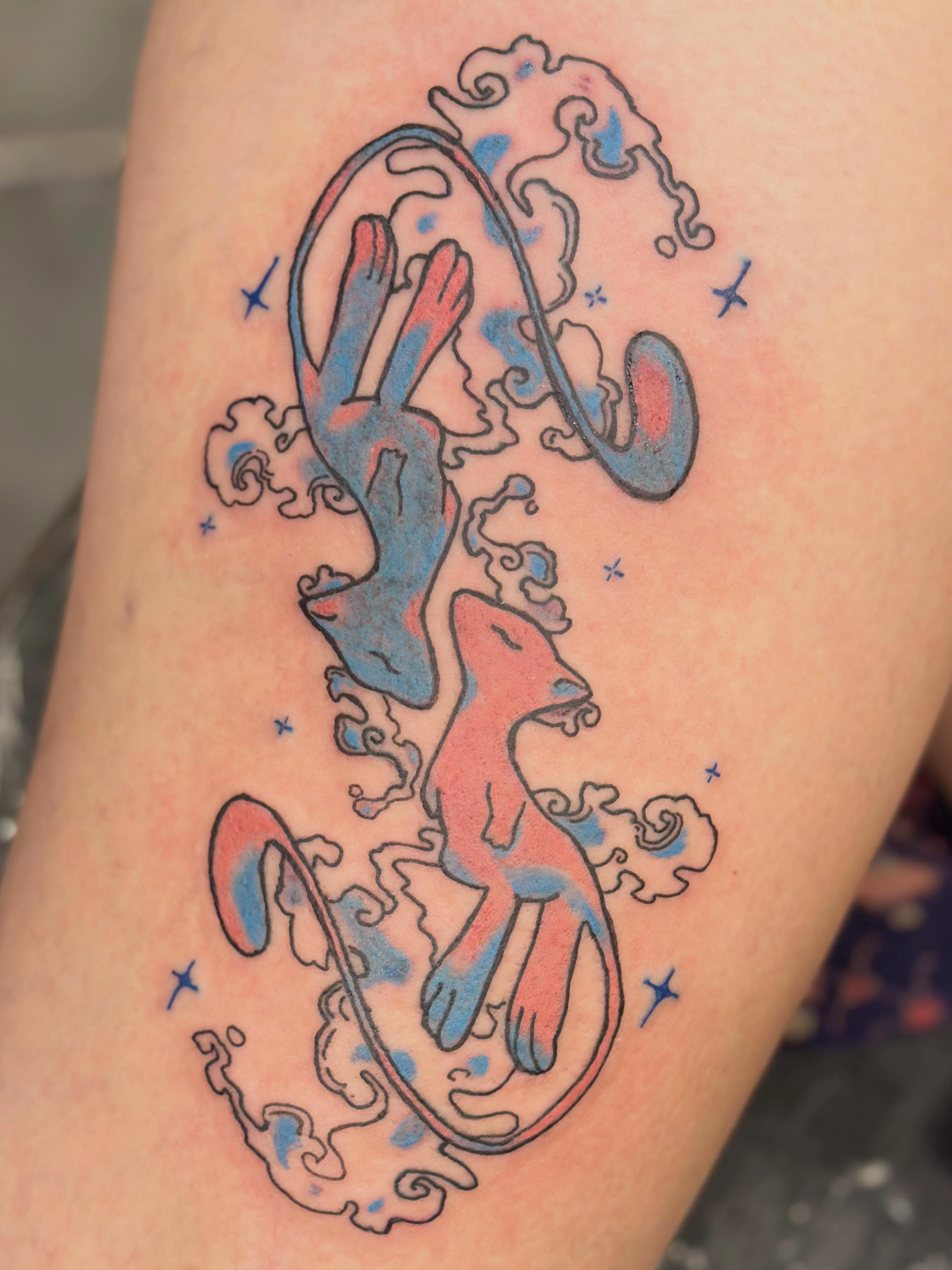 Astronauts in space new school tattoo on the thigh by Zen Forbes
