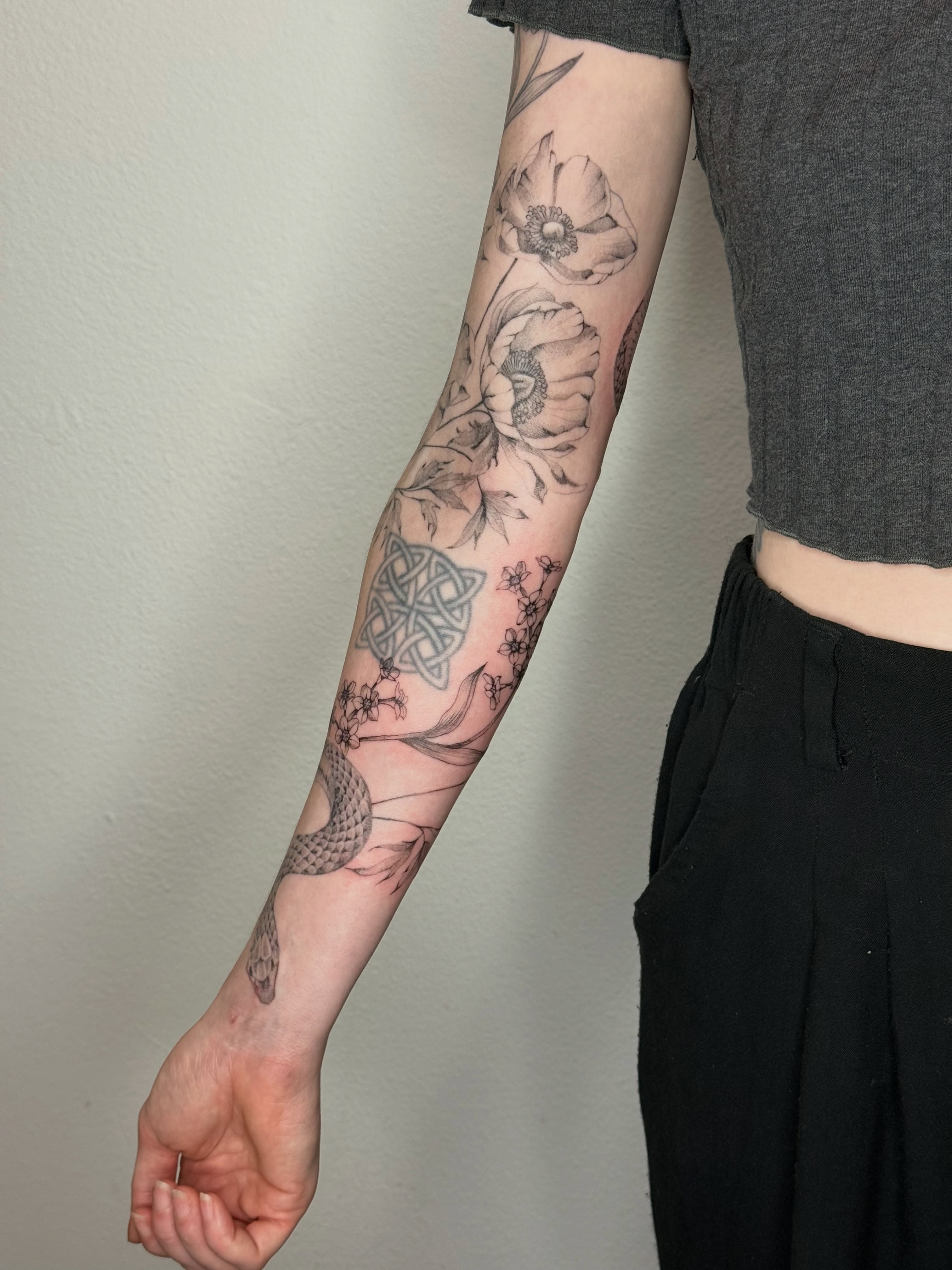 Snake and peony geometric tattoo on the forearm by ❁ Marlo Marquise Tattoo Artist ❁