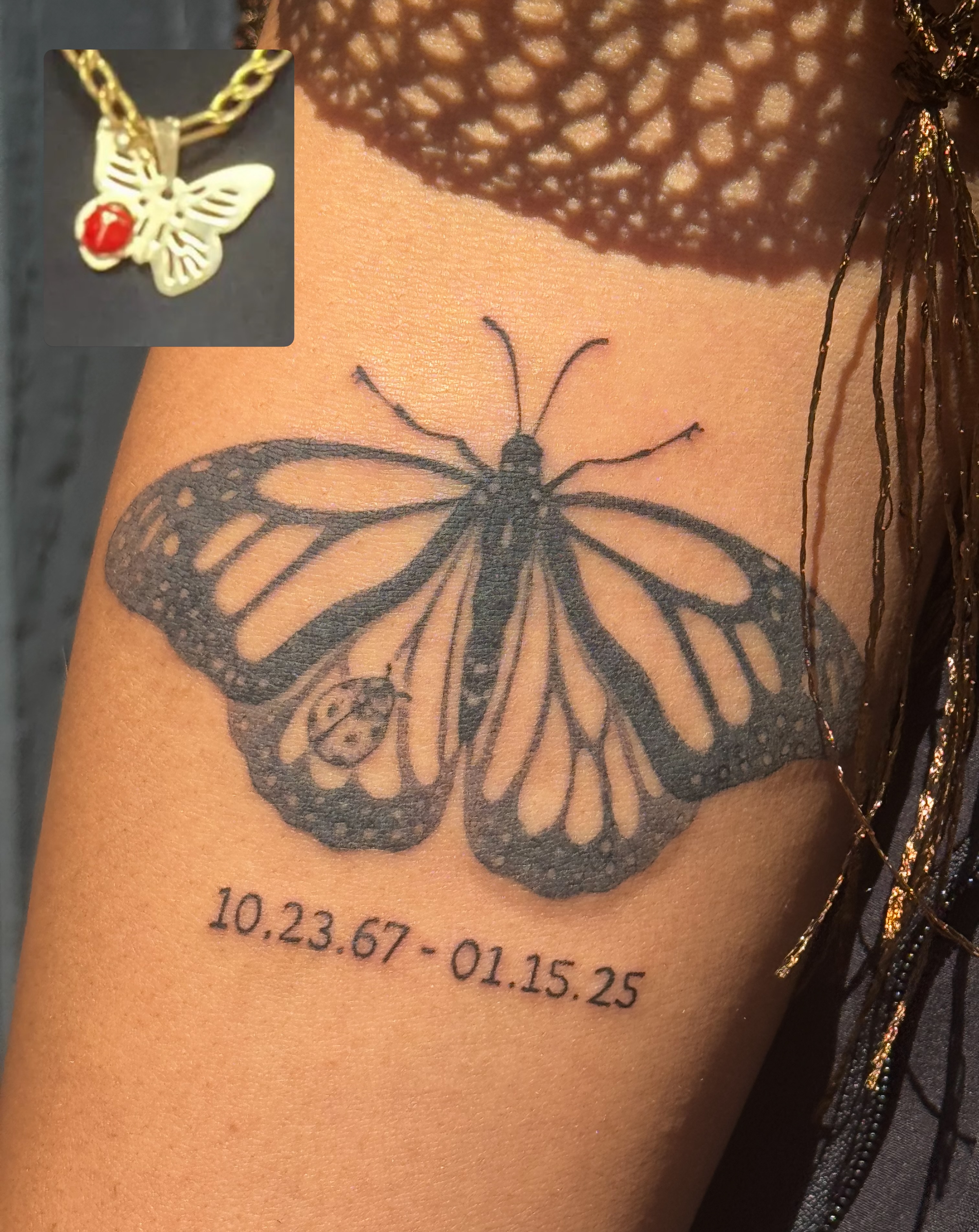 Monarch butterfly black and grey tattoo on the forearm by Leti