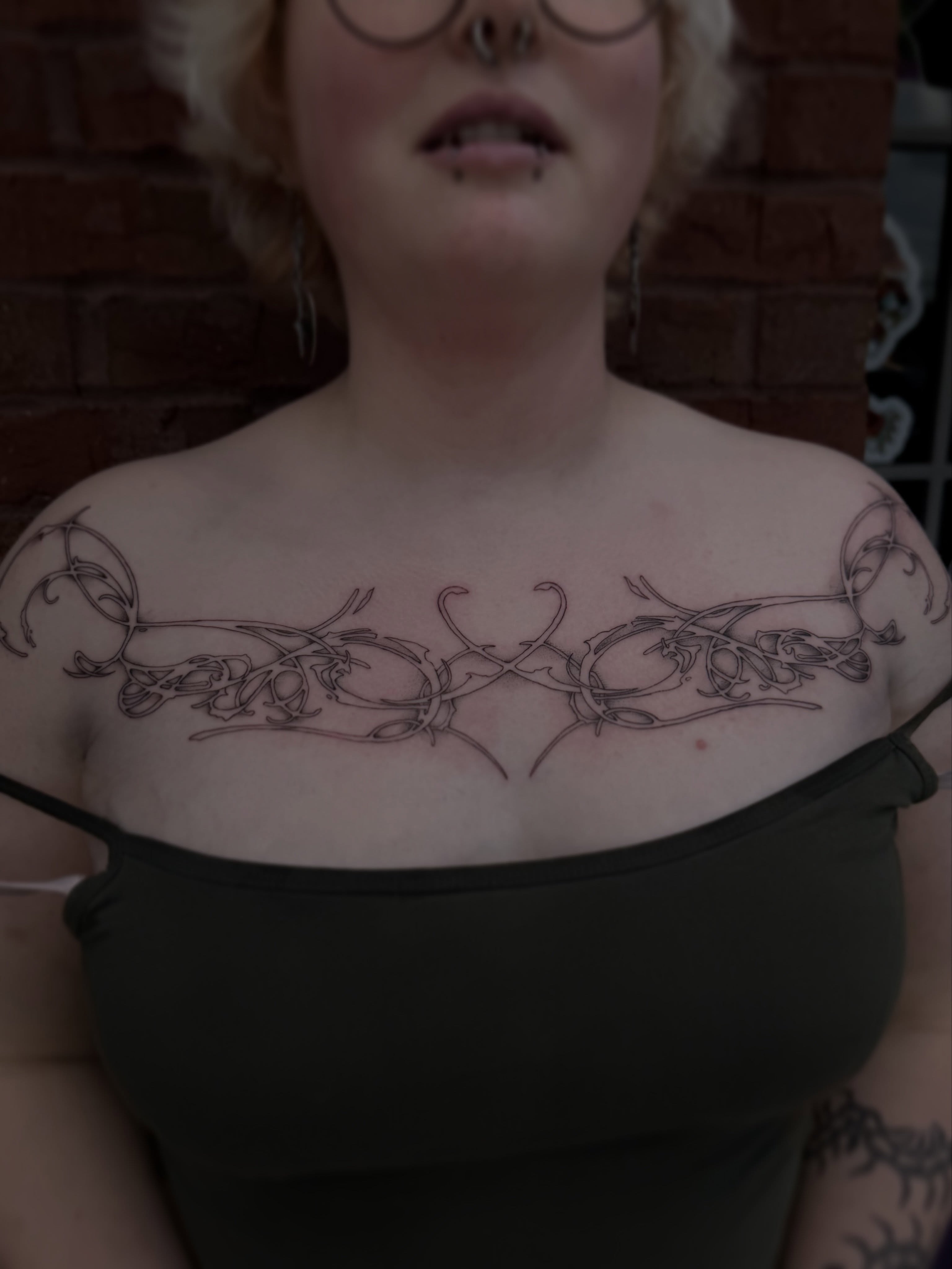 Scrollwork black and grey tattoo on the chest by ✧˖° mitch ✧˖°
