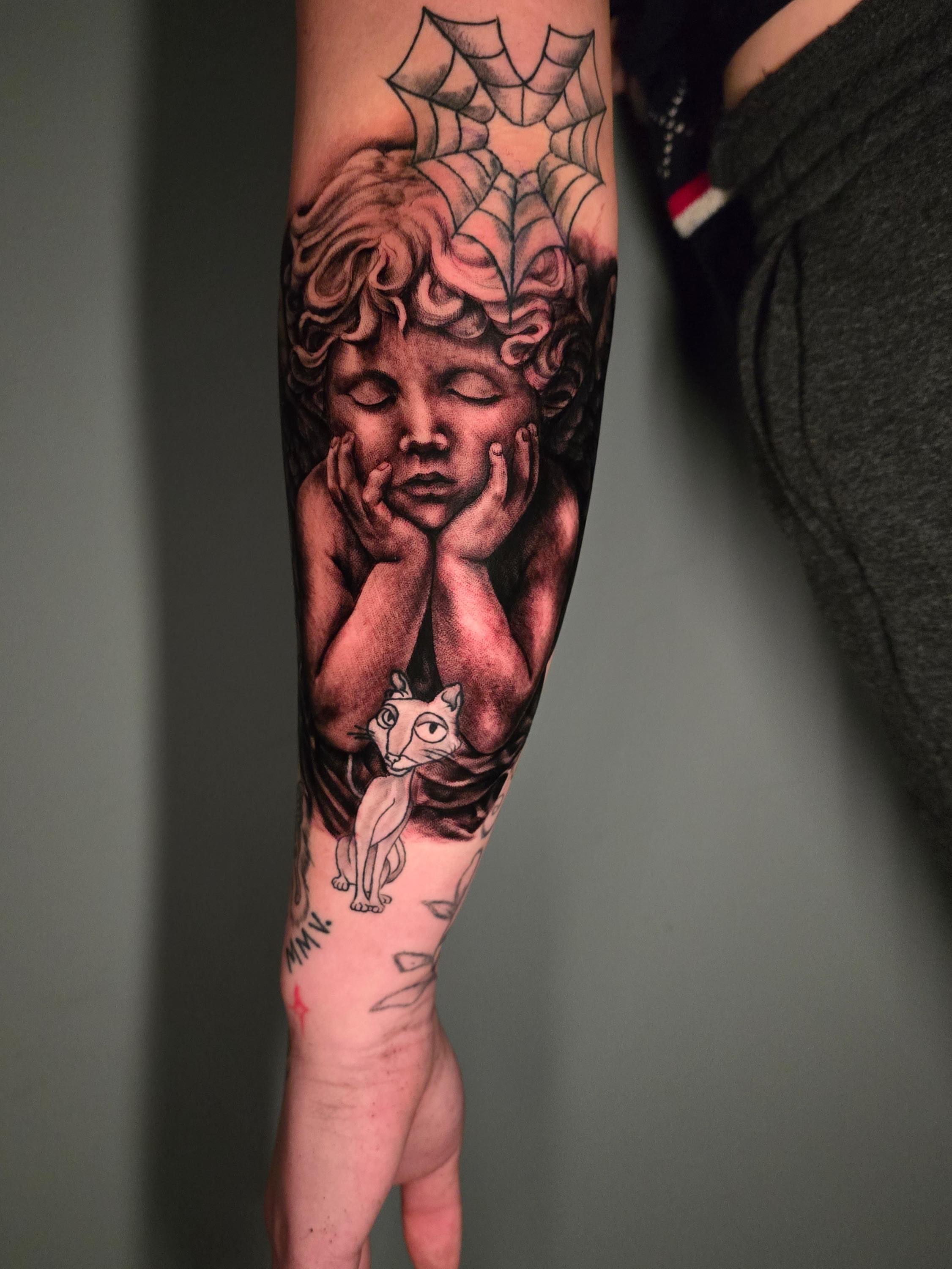 Child with hands covering face realism tattoo on the forearm by Tank Maass