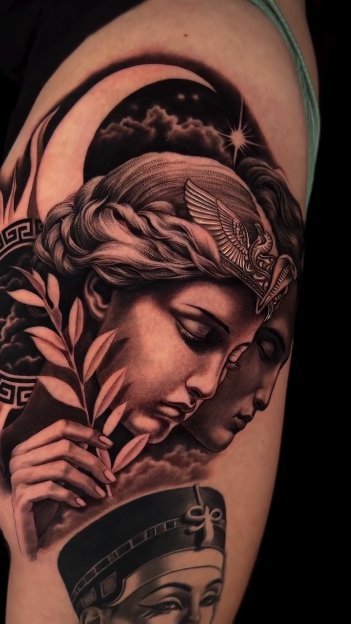 Realism tattoo on the upper arm by Lynn Hoang, Honolulu, Hawaii