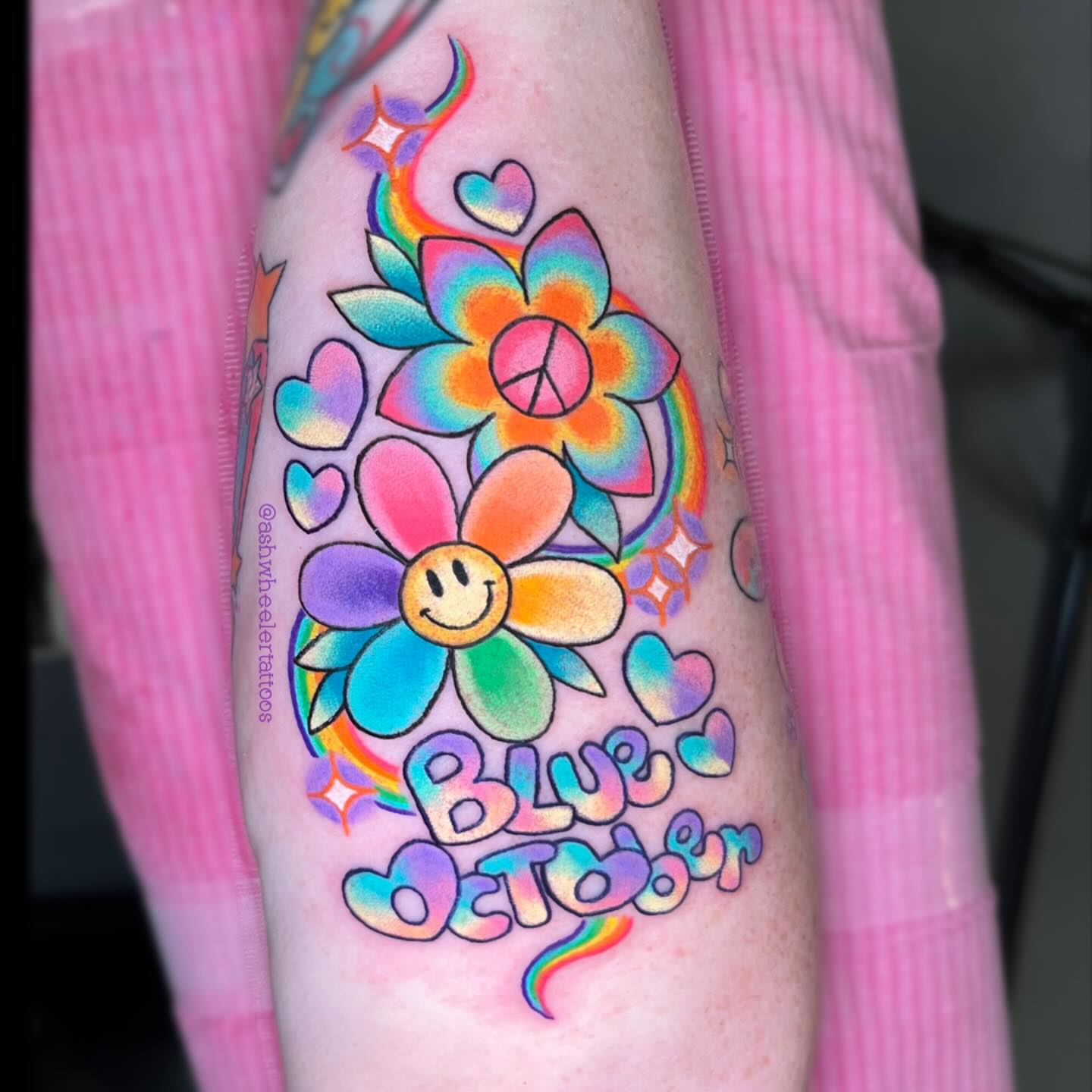 Flower and peace sign new school tattoo on the forearm by Ash Wheeler