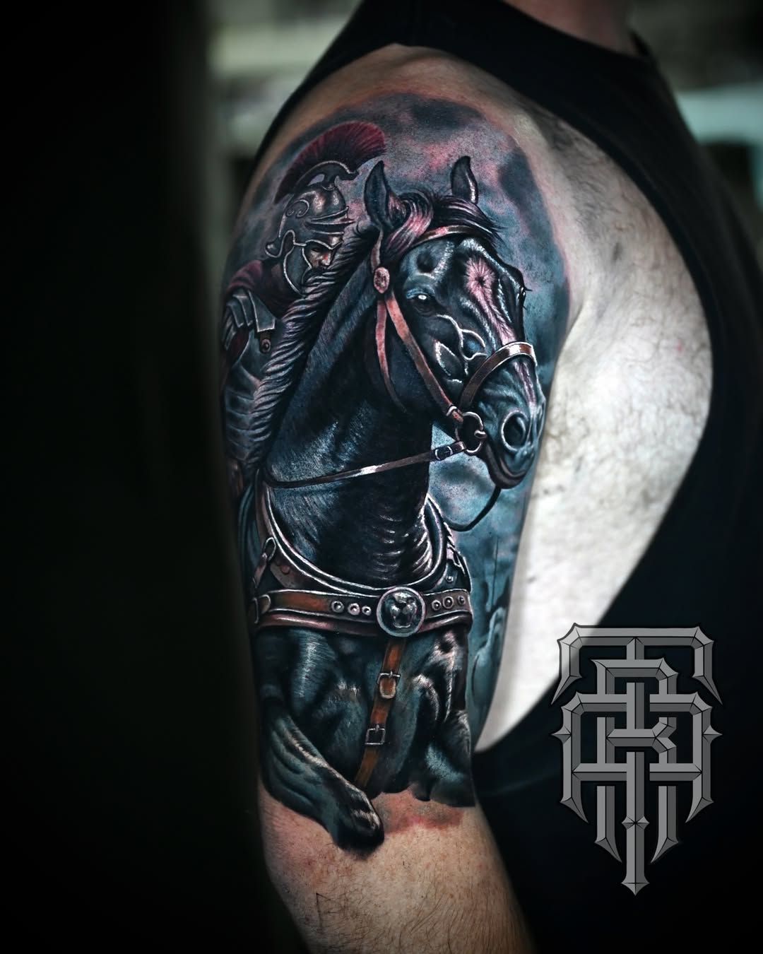 Horse realism tattoo on the shoulder by Art Lopez