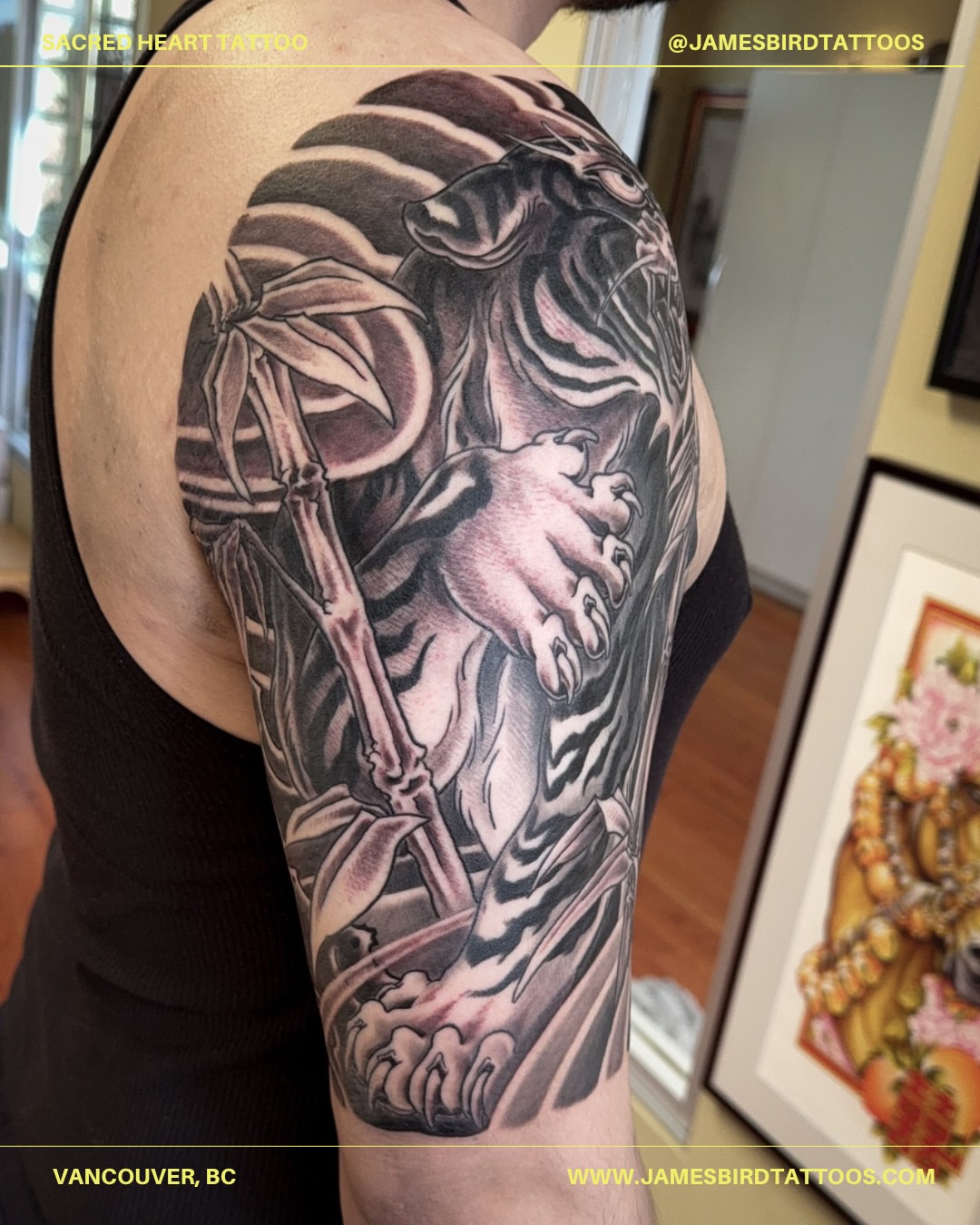 Tiger realism tattoo on the upper arm by James Bird, Vancouver, British Columbia