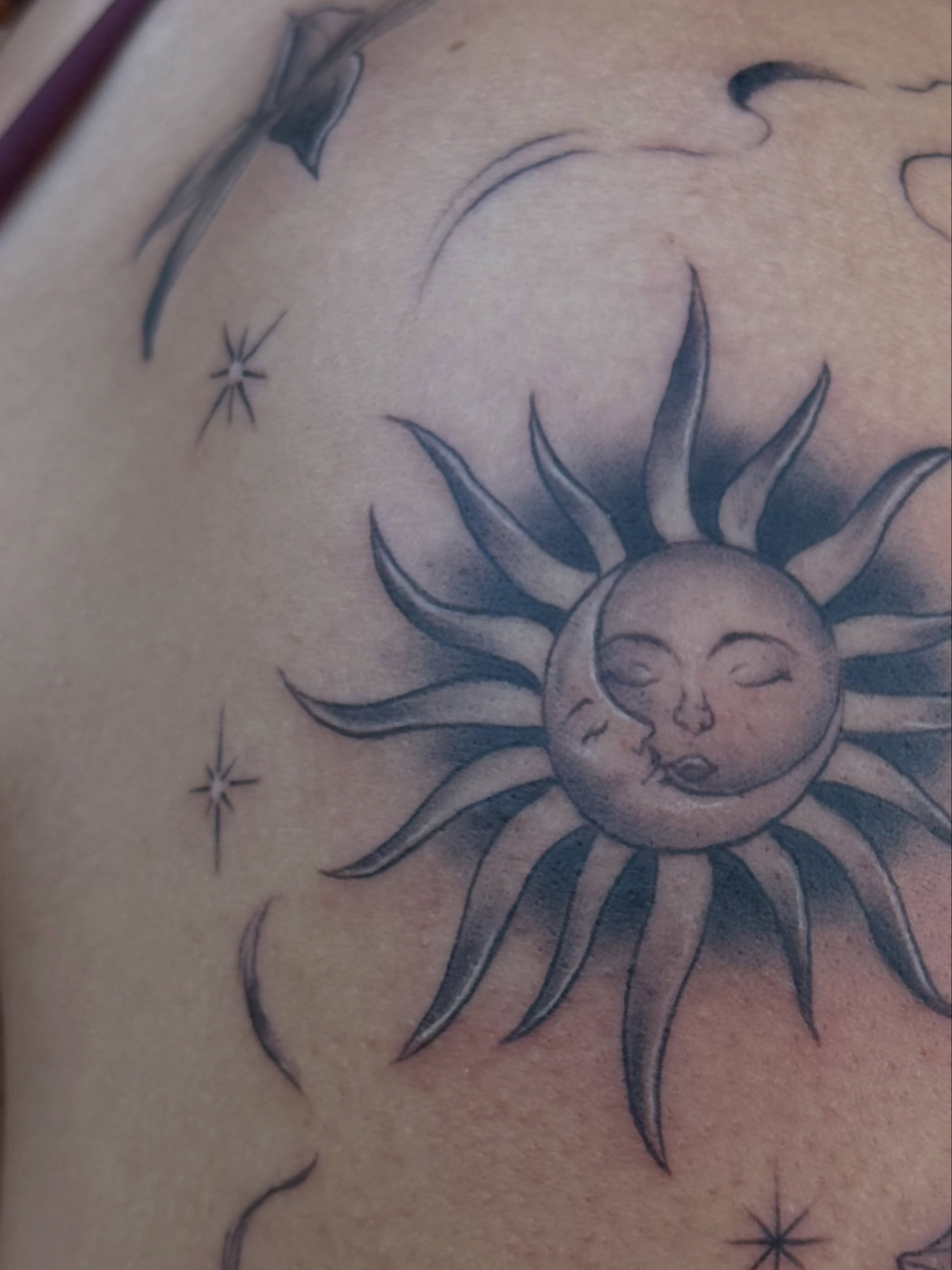 Sun and moon black and grey tattoo on the shoulder by 「 ✦ Sa-Na ✦ 」DMV TATTOO ARTIST